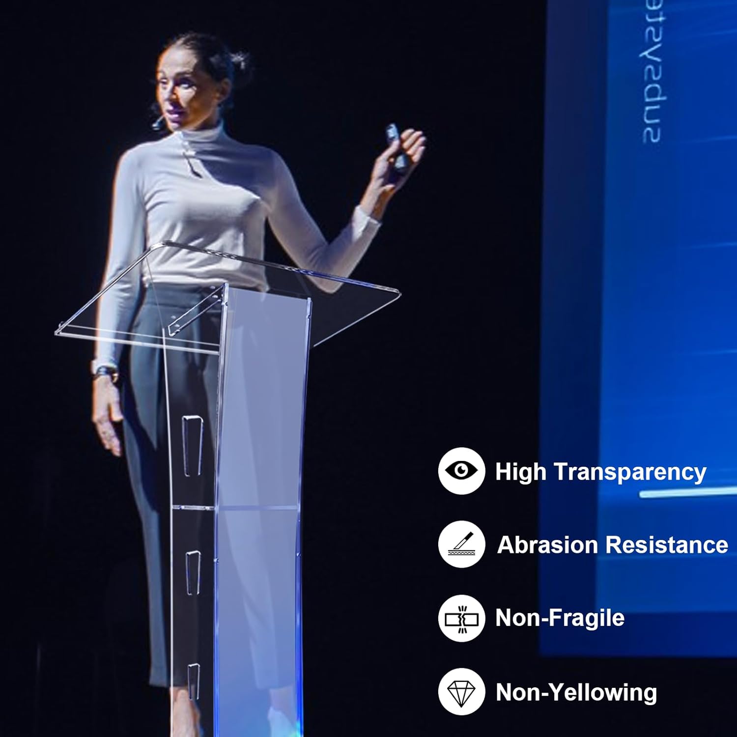 Acrylic Podium Stand, Ultra Clear 43'' Pulpits for Churches with 15 Color Adjustable, Modern Lectern with Storage Sheld for Church,Conference,Speech,Classroom, 23.62”x 15.75”X 43.3” (Without Wheels)