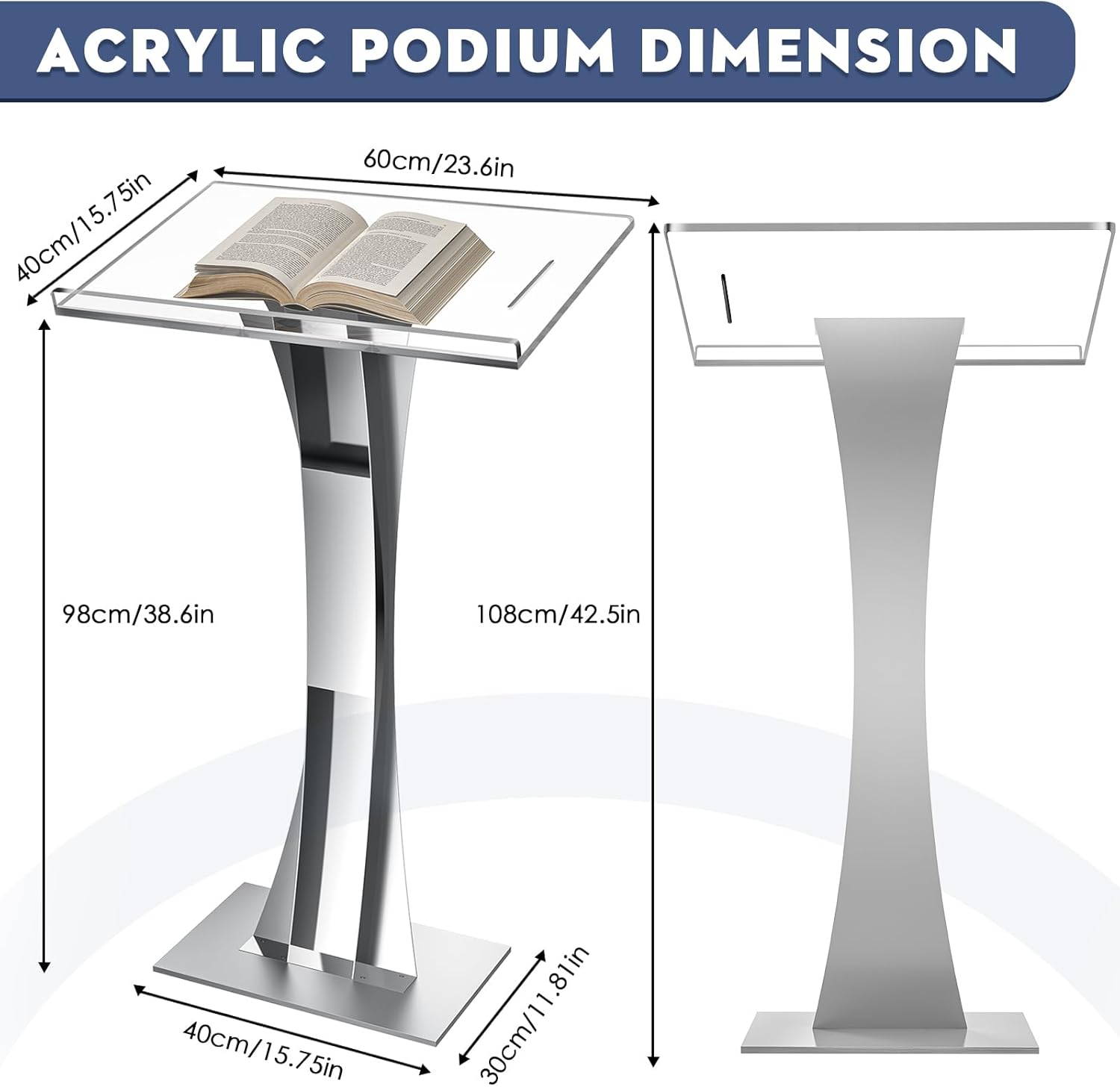 42.5" Acrylic Podium Stand, Pulpits for Churches with Iron Stable Bottom, Lectern with 10MM Thickened Acrylic Countertop, Multi Function Pulpit for Classroom Music Concert Wedding Conference