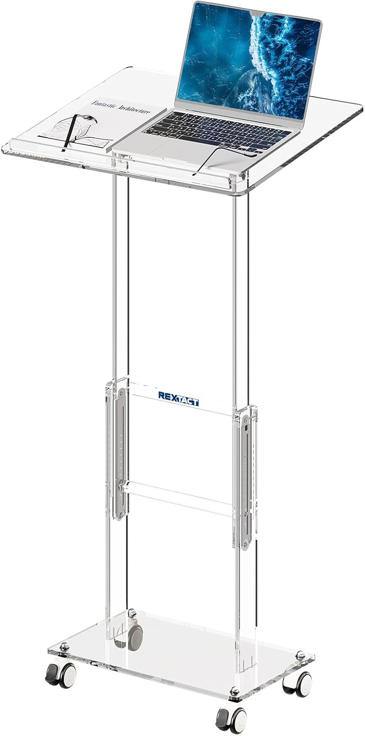 Acrylic Podium Stand,49"H Rolling Podium with Lockable Wheels,Height & Angle Adjustable Lecterns & Podiums, Portable Podium for Classroom,Teachers,Pulpits for Churches,Speech