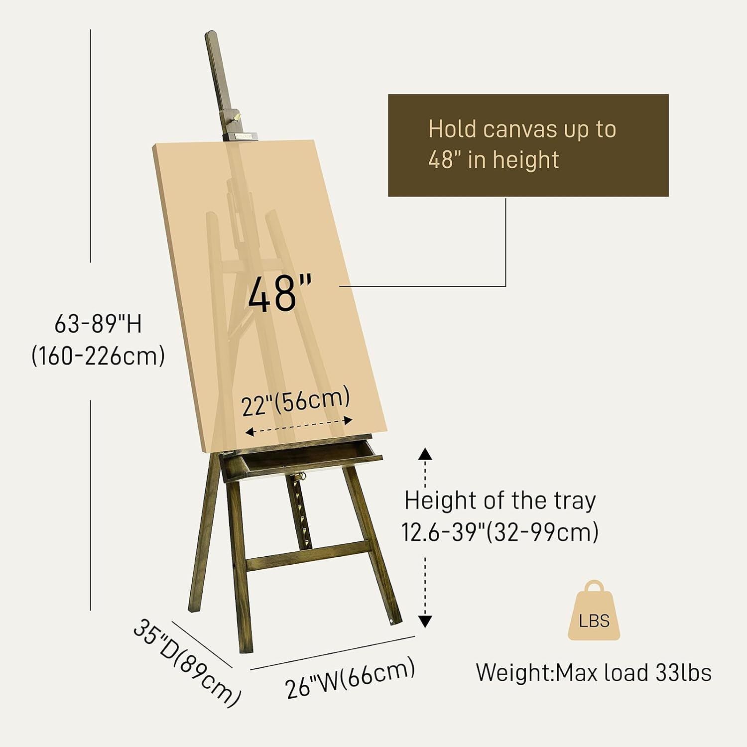 Studio Art Easel, Solid Beech Wood Artist Easel, Hold Canvas up to 48”, Adjustable A-Frame Lyre Style Painting Easel Stand with Storage Tray, Gray