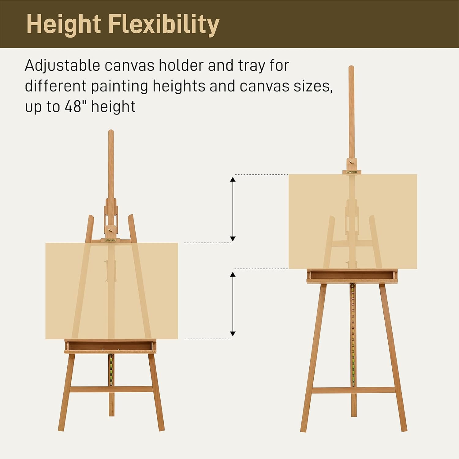 Studio Art Easel,Solid Beech Wood Artist Easel,Hold Canvas up to 48”, Adjustable A-Frame Lyre Style Painting Easel Stand with Storage Tray, Natural