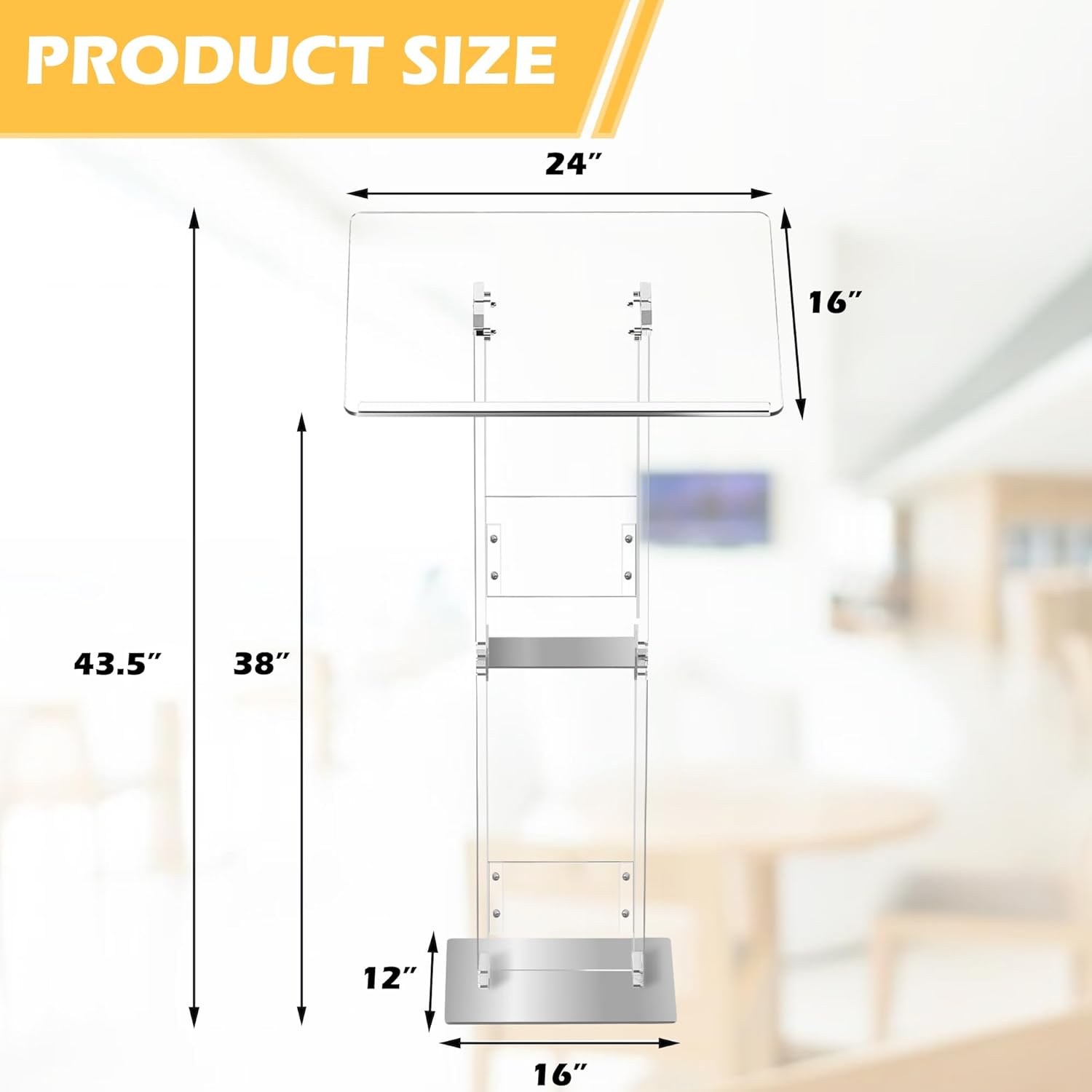 Podium Stand, Lecterns & Podiums, Acrylic Adjustable Angles with Metal Base, Podium for Church, Weddings, Classroom, Speech, 24" L x 16" W x 43.5" H (Clear)