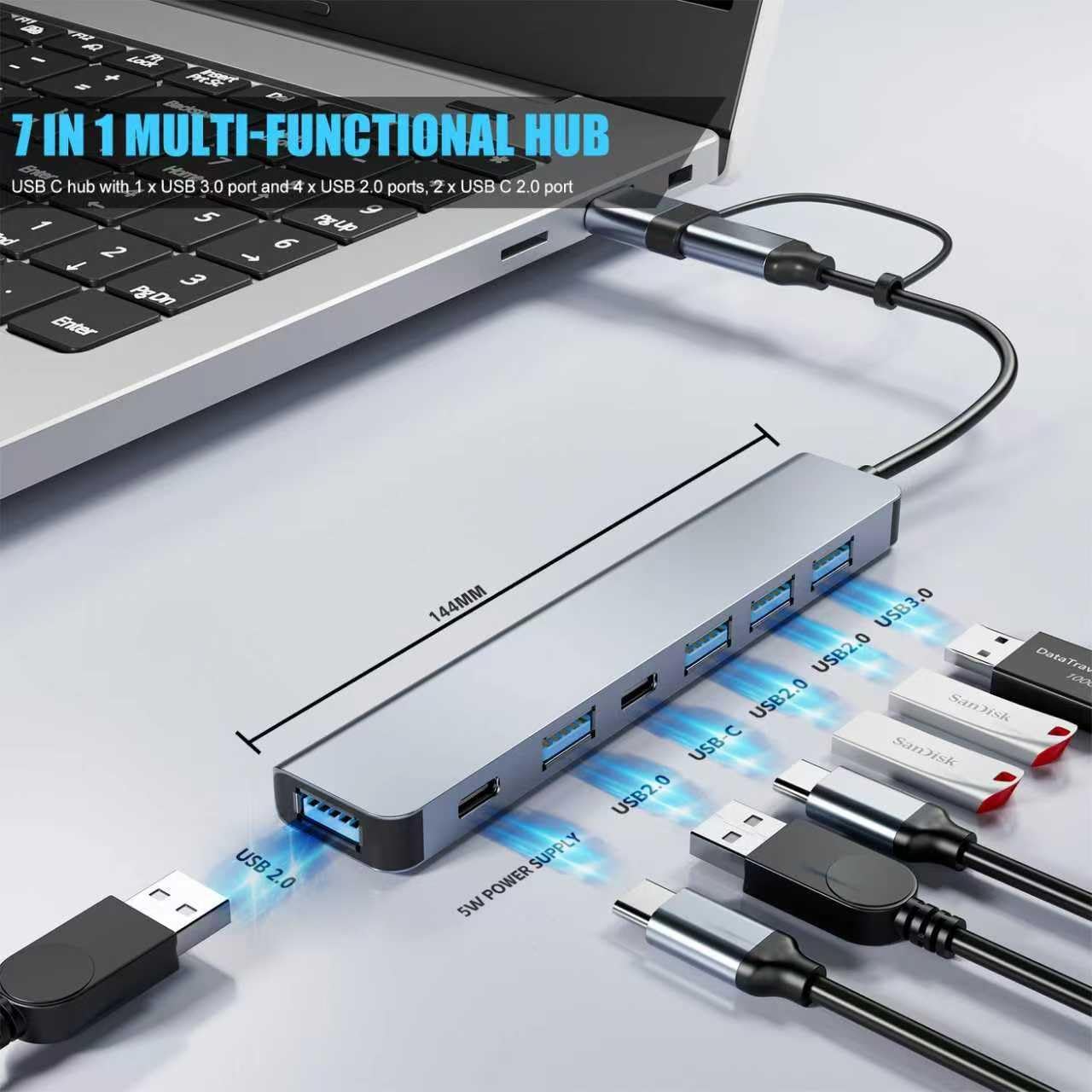 【Upgrade】 USB C/USB Hub, BERLAT Aluminum 7 in 1 USB C & USB Hub with USB 3.0, USB 2.0 Ports for PC/Laptops/MacBook Pro/Air/iMac/iPad and More Devices