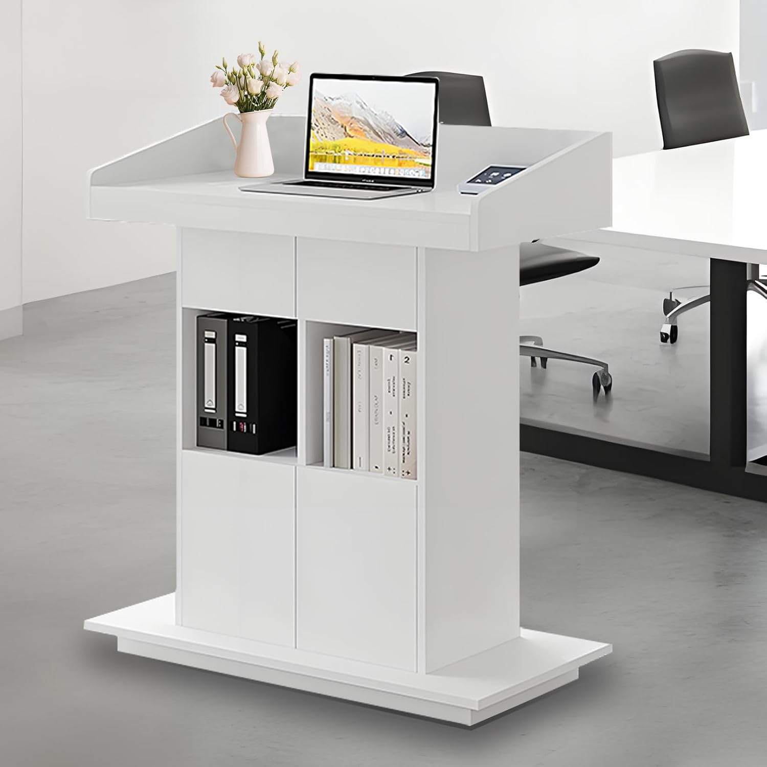 Solid Wooden Podium Stand Podiums for Classroom Lectern Podium Stand Wood Church Pulpit with 3 Levels of Storage and Heightened Baffles (White, 31.5in)