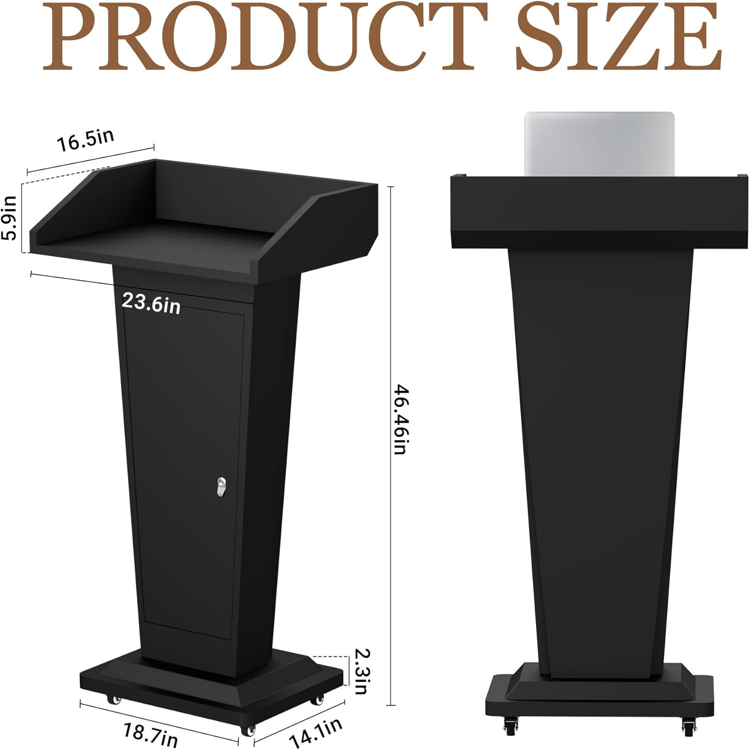 Podium Stand with 4 Locking Wheels, Heavy-Duty Metal Lectern for Church, School, Office, and Conference, Large Lockable Storage Cabinet, 43.7" H, Black