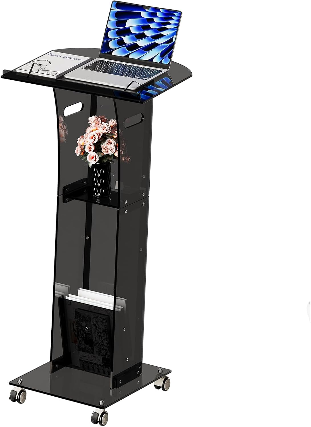 Acrylic Podium Stand，49“ Tall Portable Podium with Lockable Wheels, Black lecterns & Podium with Storage Shelf for Classroom, Pulpit Podium for Church,Wedding,Presentation