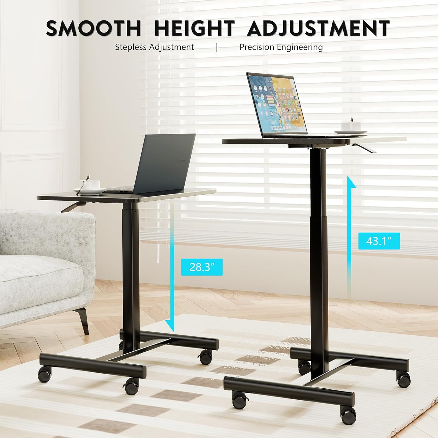 BONTEC Mobile Standing Desk Adjustable Height, Rolling Laptop Cart with Hook, Portable Workstation with Pneumatic Lift, Ergonomic Table with Wheels, Compact Home Office Desk, Black, 25.6" x 18.9"