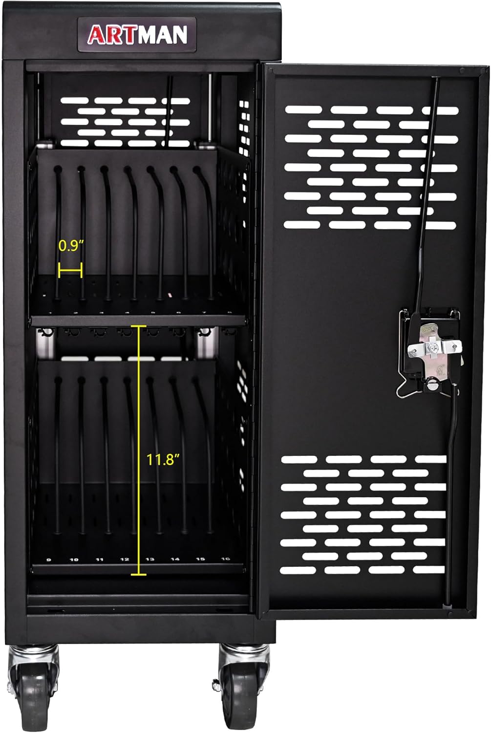 16 Device Charging Cart, Laptop and Tablet Storage Cart, Holds Up to 14" with Cord Management, Front and Rear Access Locking, Desktop Charging and Storage Cabinet for Classroom or Office.Black