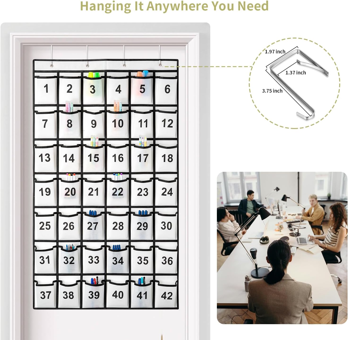 42 Pockets Numbered Classroom Pocket Chart for Cell Phones, Hanging Pocket Chart Storage for Classroom Phone Calculator Holder with 4 Hooks and 42 Clear Numbers Printing (White-42pockets)