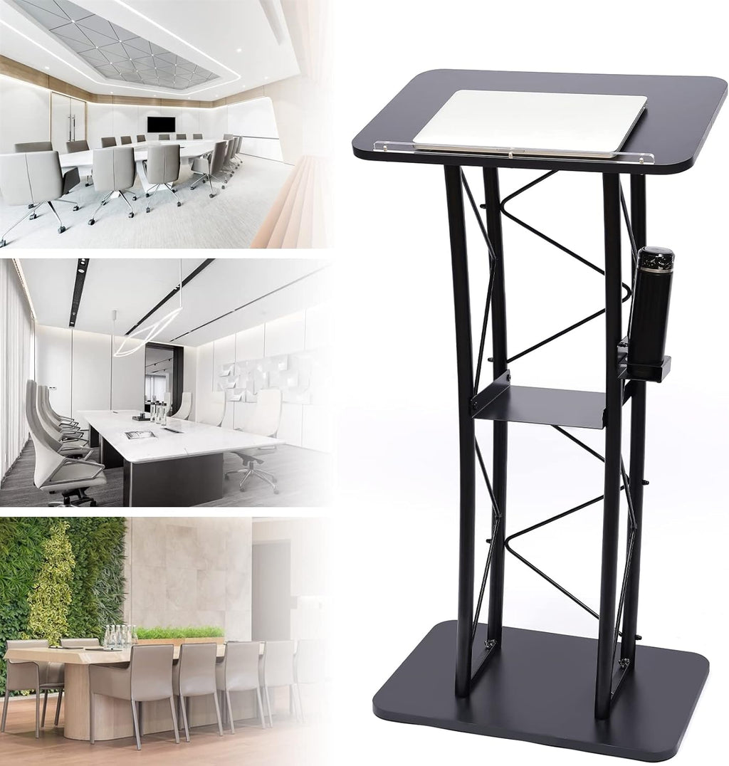 LOYALHEARTDY Black Curved Podium, Truss Metal Pulpit Lectern with A Cup Holder Durable Powder Coat Finish Conference Pulpit Podium for Church School Lectern 47-inch