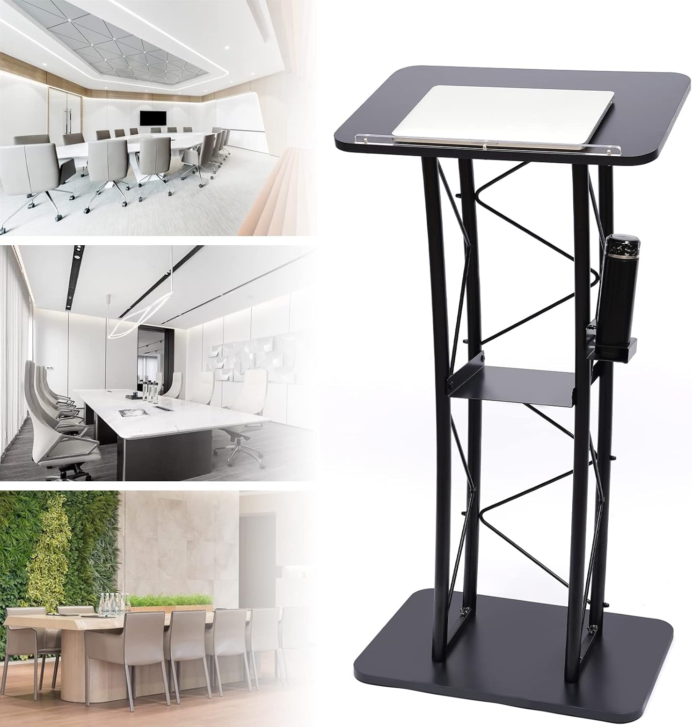 LOYALHEARTDY Black Curved Podium, Truss Metal Pulpit Lectern with A Cup Holder Durable Powder Coat Finish Conference Pulpit Podium for Church School Lectern 47-inch