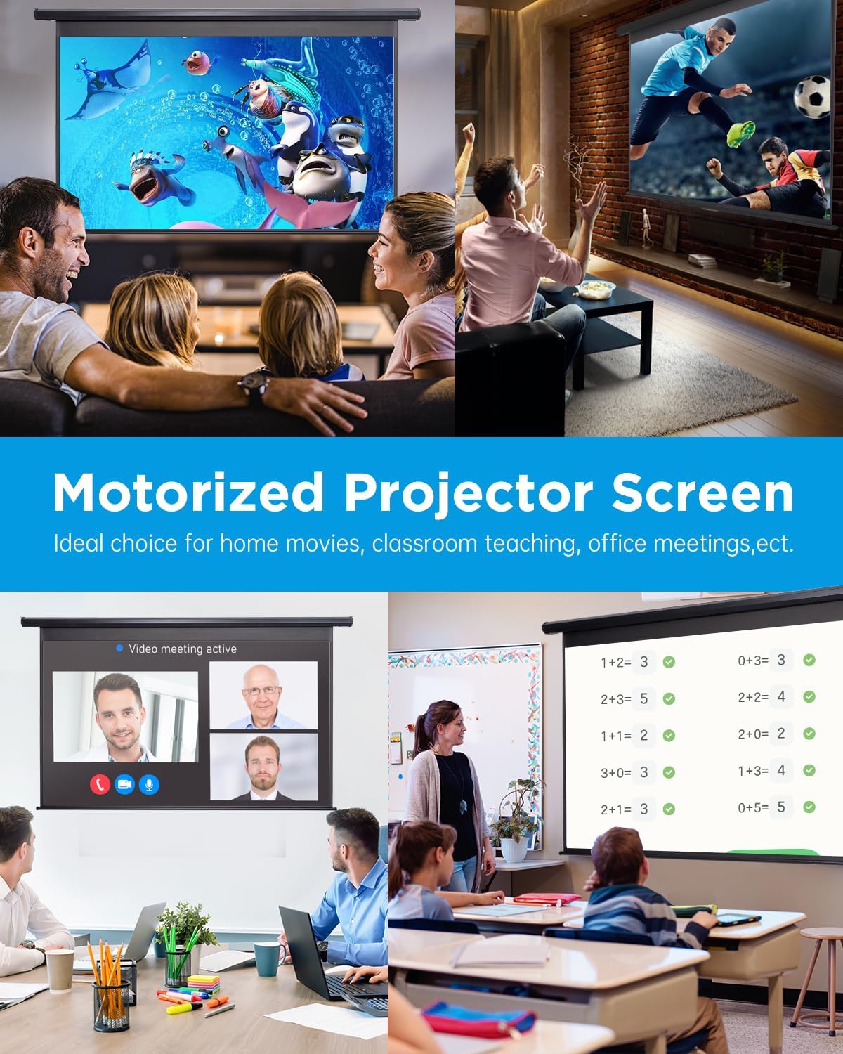 Projector Screen Motorized 100 Inch Electric Projector Screen with Remote Ceiling Mount Hooks, Pull Down Retractable Projection Screen Movie Screen Black 16:9, Automatic Projector Screen Roll Down