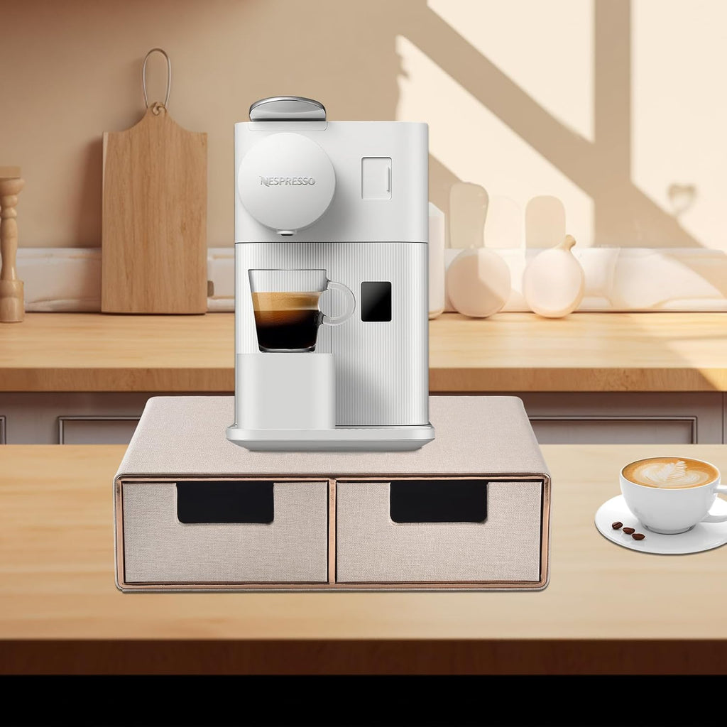 Linen Leather Desk Organizer with Drawers－Mini Desktop Drawer Organizer Stackable－Multifunctional Tabletop Organization Storage Box for Office Supplies Home Vanity Toiletries (Beige, 2-drawers)