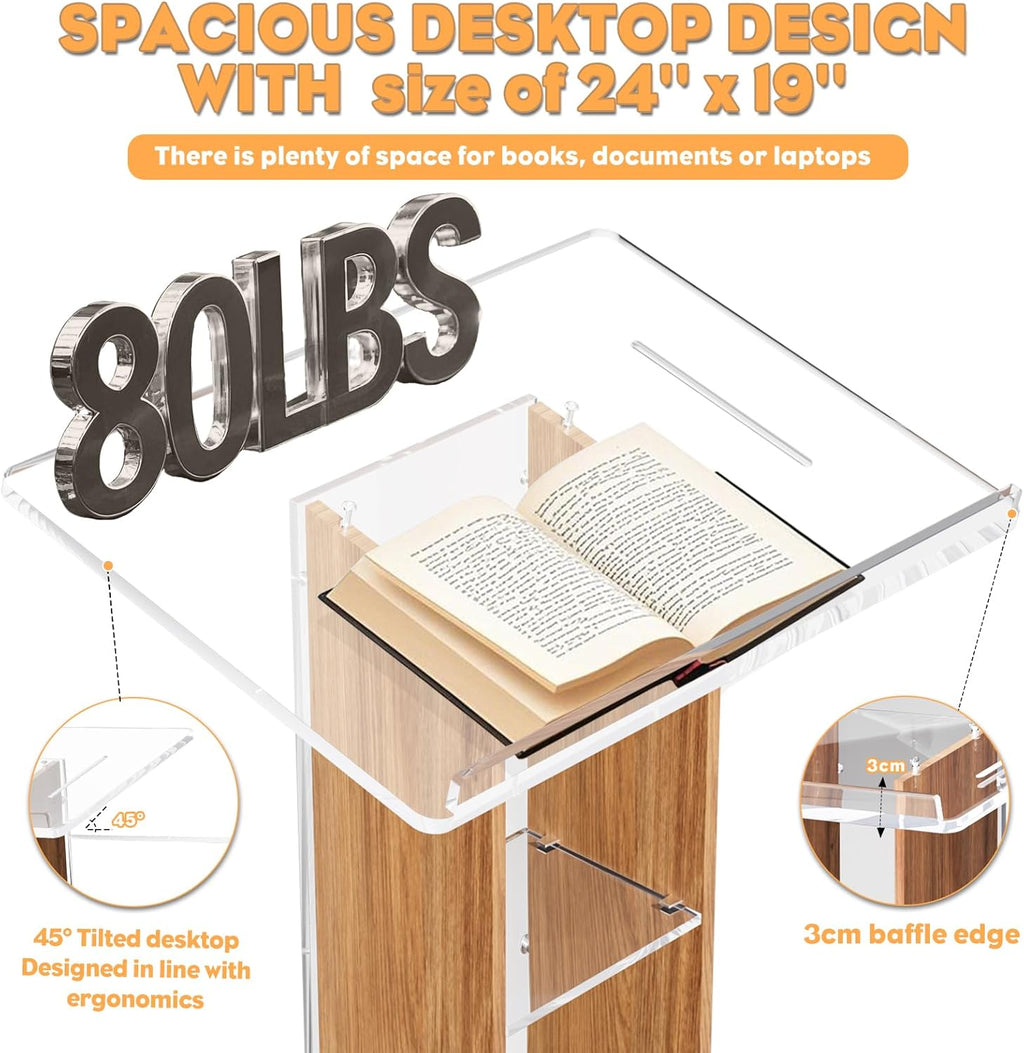 Acrylic Podium Stand, Ultra Clear 43'' Pulpits for Churches with 15 Color Adjustable, Modern Lectern with Storage Sheld for Church,Conference,Speech, 23.62”x 15.75”X 43.3” (Style 3)