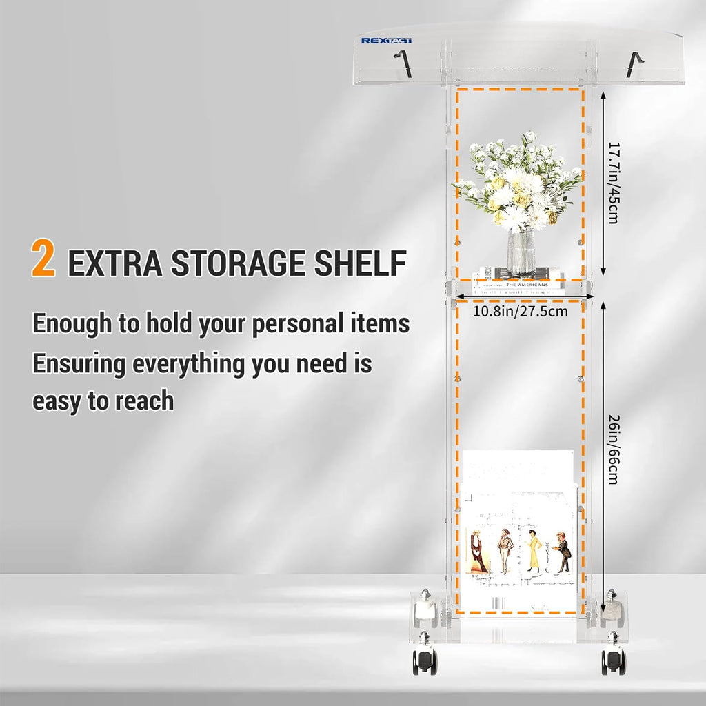 Acrylic Podium Stand，49“ Tall Portable Podium with Lockable Wheels, Clear lecterns & Podium with Storage Shelf for Classroom, Pulpit Podium for Church,Wedding,Presentation