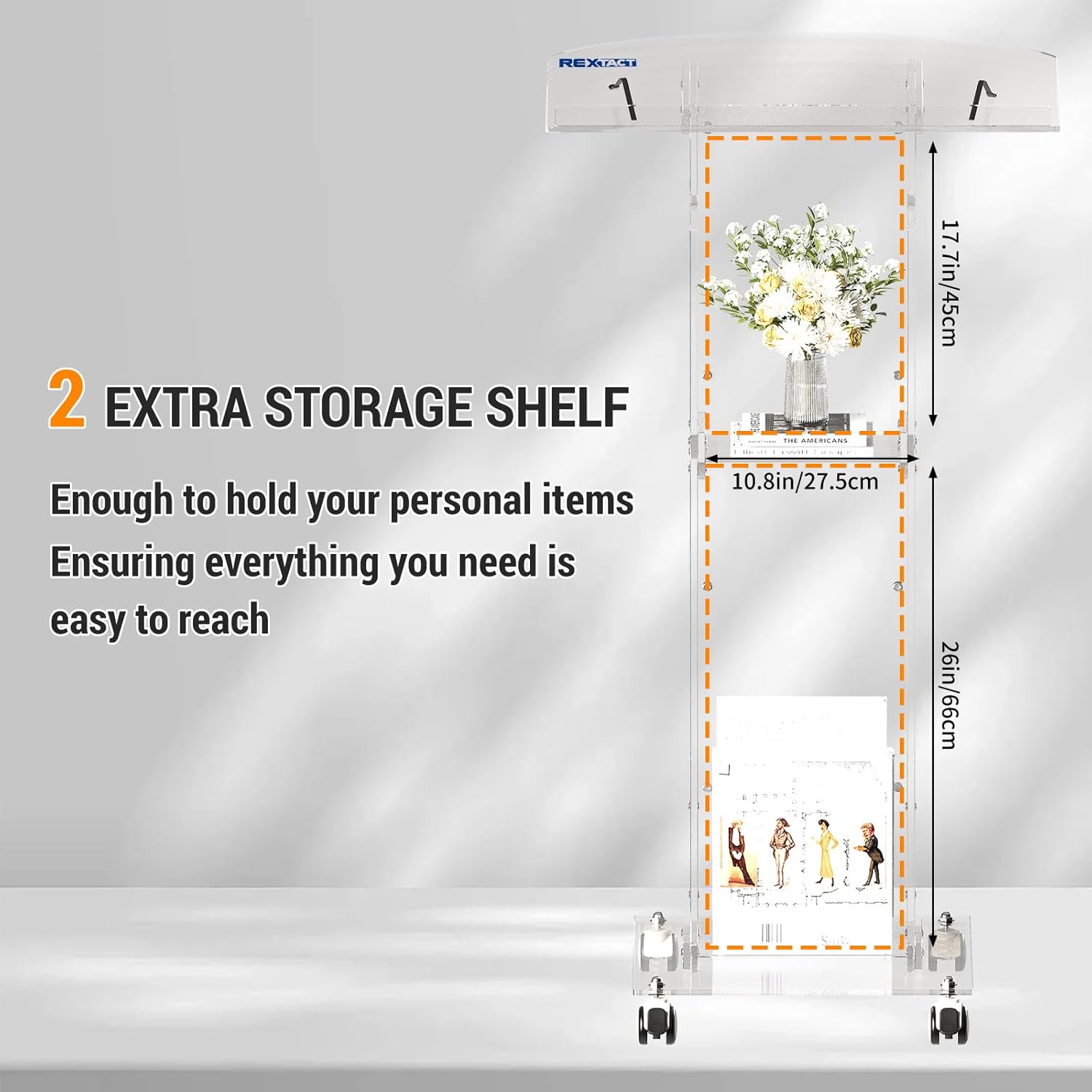 Acrylic Podium Stand，49“ Tall Portable Podium with Lockable Wheels, Clear lecterns & Podium with Storage Shelf for Classroom, Pulpit Podium for Church,Wedding,Presentation