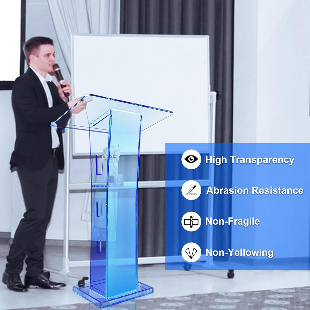 Acrylic Podium Stand, Ultra Clear 43'' Pulpits for Churches with 15 Color Adjustable, Modern Lectern with Storage Sheld for Church,Conference,Speech,Classroom, 23.62”x 15.75”X 43.3”