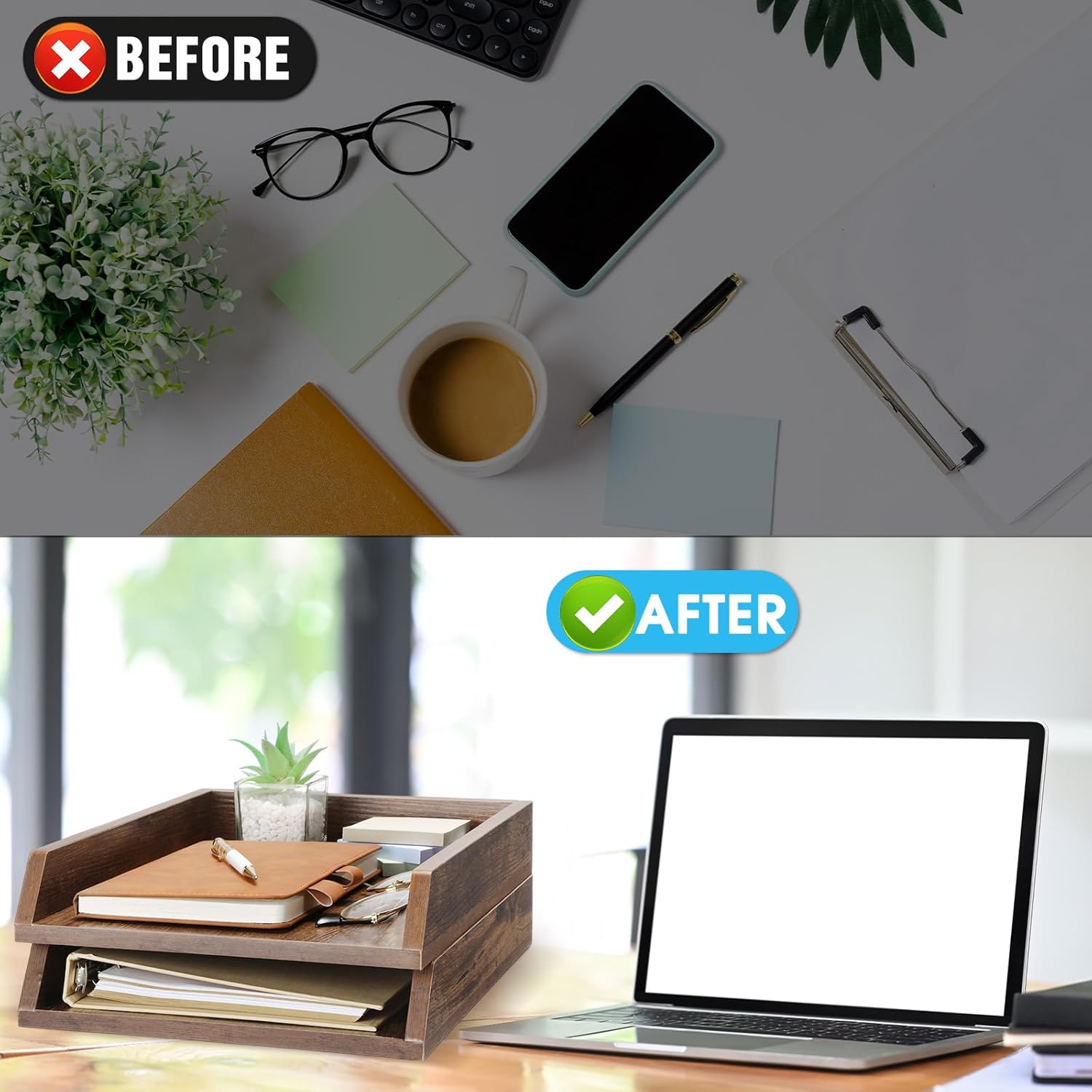 2 Pcs Wooden Letter Trays Wood Letter-Size Desk Organizer Heavy Duty 2 Tier Stackable Supports Paper Tray Desktop Drawer Organizer File Folder Magazine Office Accessories (Dark Wood)