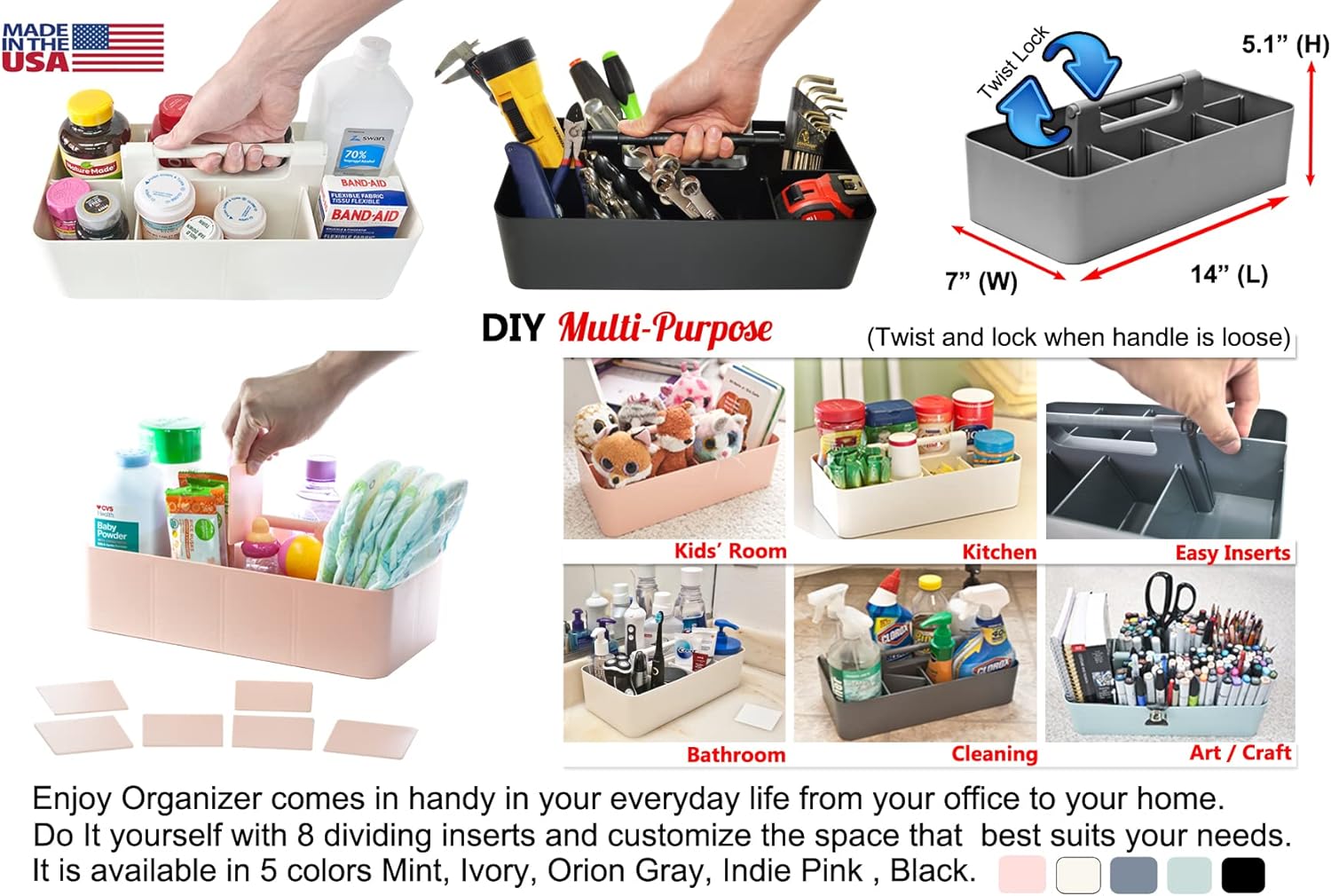 -Large Portable Caddy, DIY Dividers, 8 Compartments, Bathroom Organizer,Portable Basket with Handle Storage Organizer Modern Made in USA (3 PACK, Ivory)