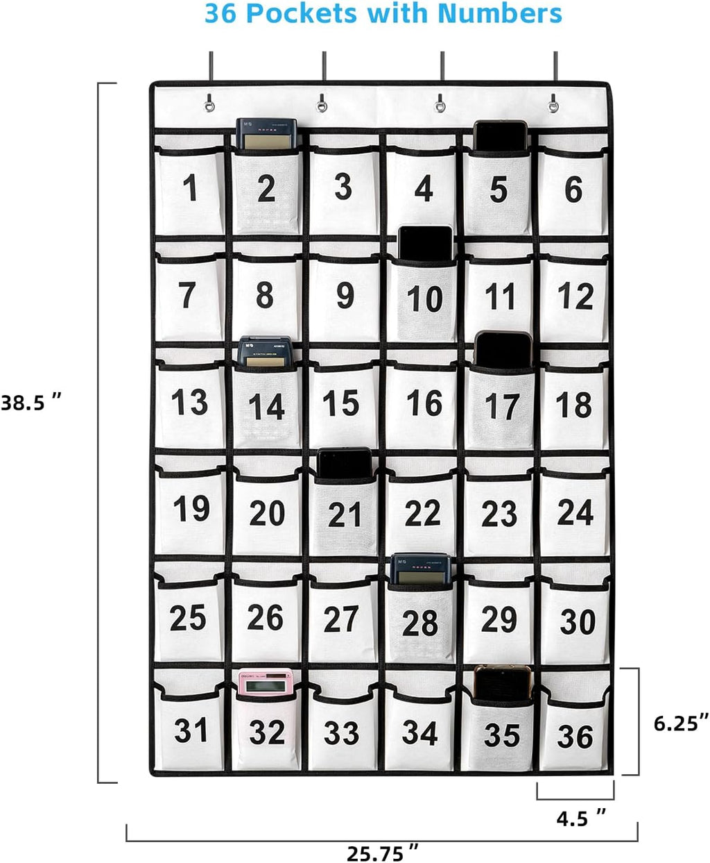 36 Pockets Numbered Classroom Pocket Chart for Cell Phones, Hanging Pocket Chart Storage for Classroom Phone Calculator Holder with 4 Stainless Steel Hooks (White-36pockets)