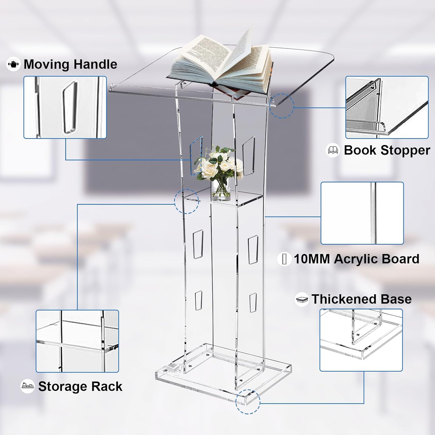 Acrylic Podium Stand, Ultra Clear 43'' Pulpits for Churches with 15 Color Adjustable, Modern Lectern with Storage Sheld for Church,Conference,Speech,Classroom, 23.62”x 15.75”X 43.3” (Without Wheels)