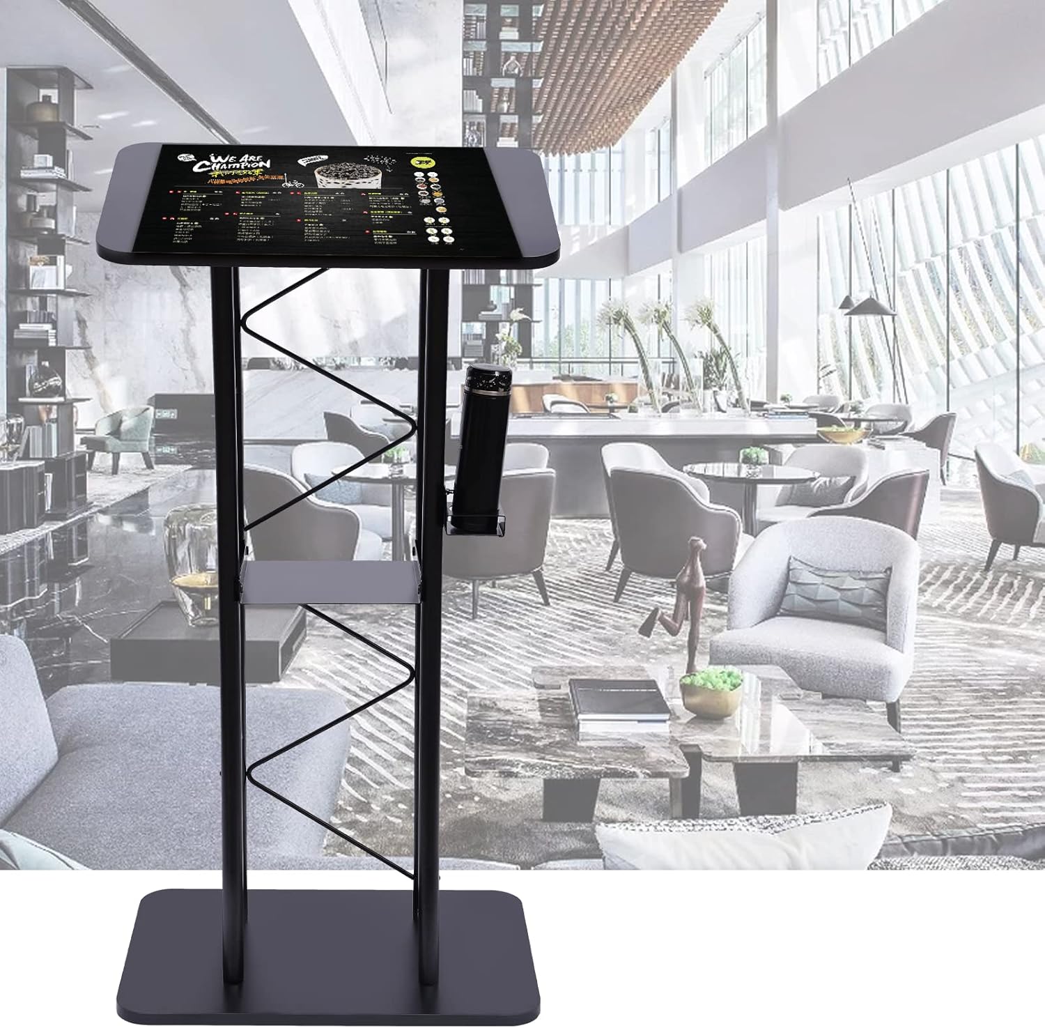 Metal Black Podium Conference Presentation Pulpit School Office Church Lectern,Curved Design Cup Holder Design, Wrought Paint Curved Podium, Schools, Churches, Meeting Rooms