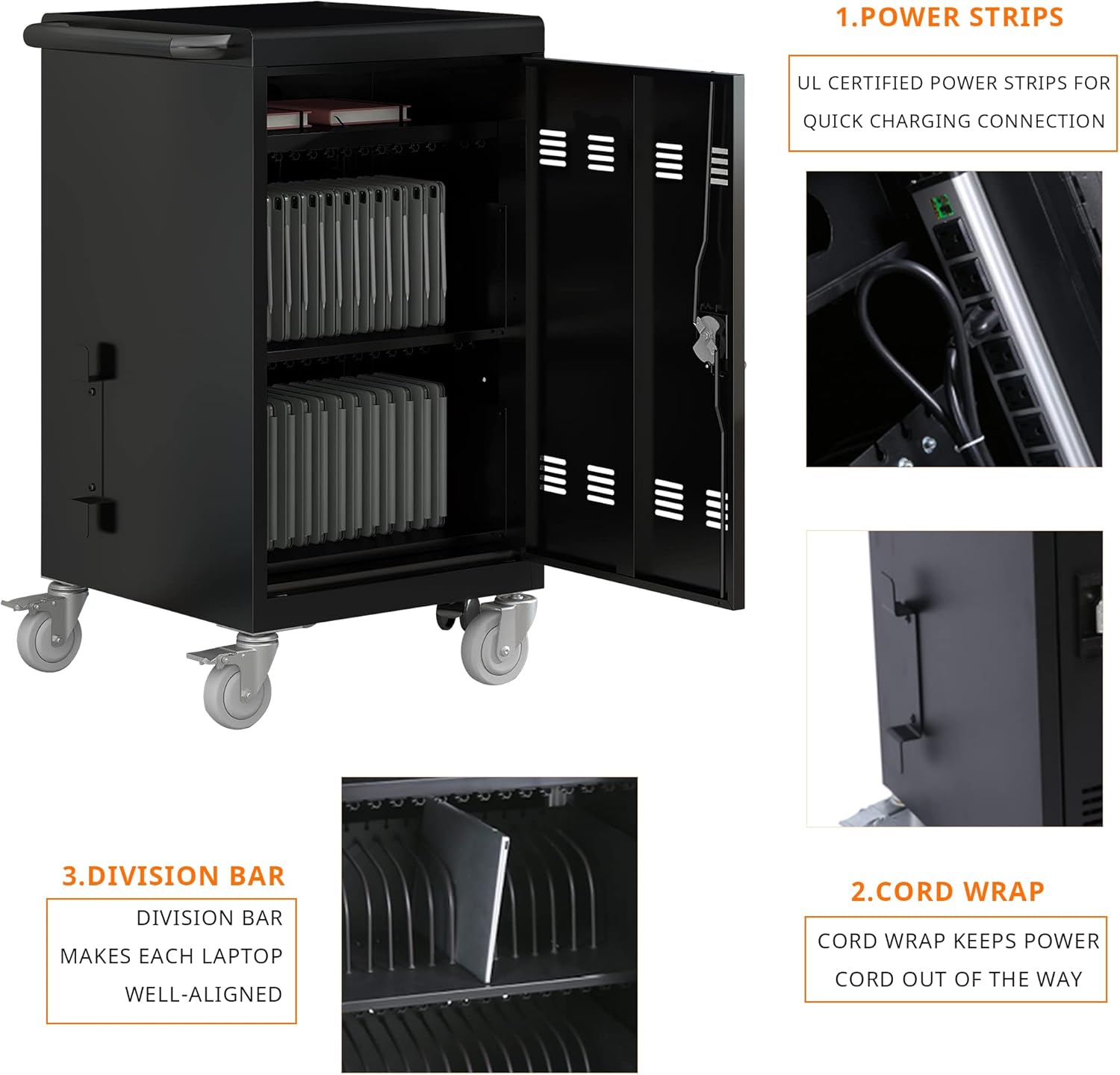 32 Device Mobile Charging Cart with Combination Lock, Mobile Ipad Cart for iPads, Chromebooks and Laptop Computers, Locking Charging Station with Lock & Key for The Front Back Door, Surge Protection