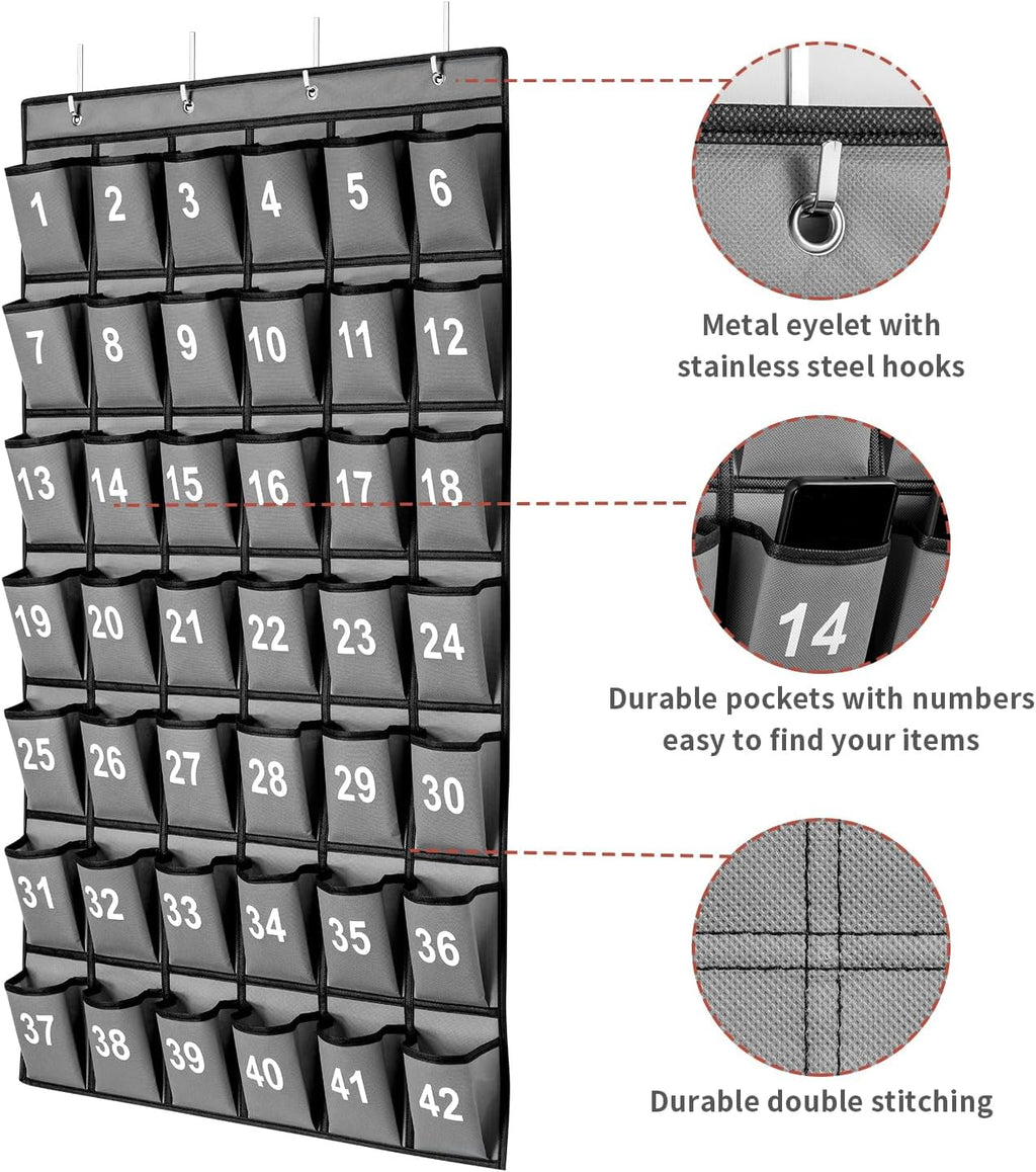 42 Pockets Numbered Classroom Pocket Chart for Cell Phones, Hanging Pocket Chart Storage for Classroom Phone Calculator Holder with 4 Hooks and 42 Clear Numbers Printing (Grey-42pockets)