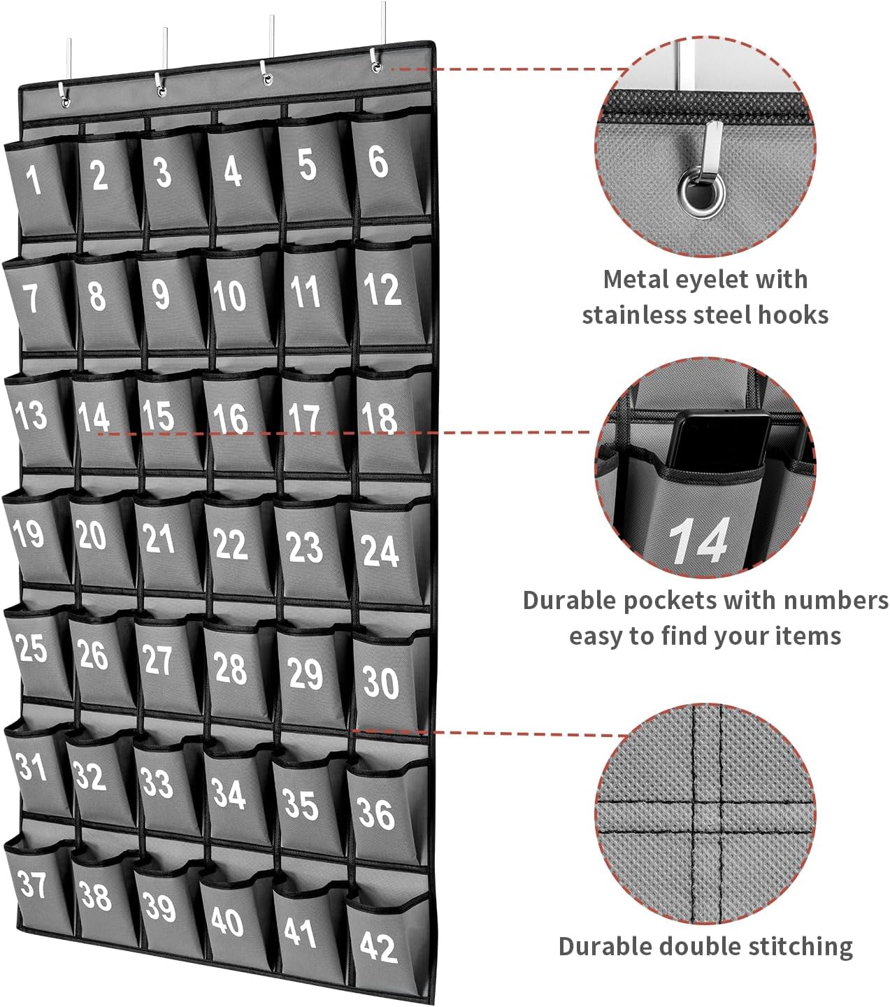 42 Pockets Numbered Classroom Pocket Chart for Cell Phones, Hanging Pocket Chart Storage for Classroom Phone Calculator Holder with 4 Hooks and 42 Clear Numbers Printing (Grey-42pockets)