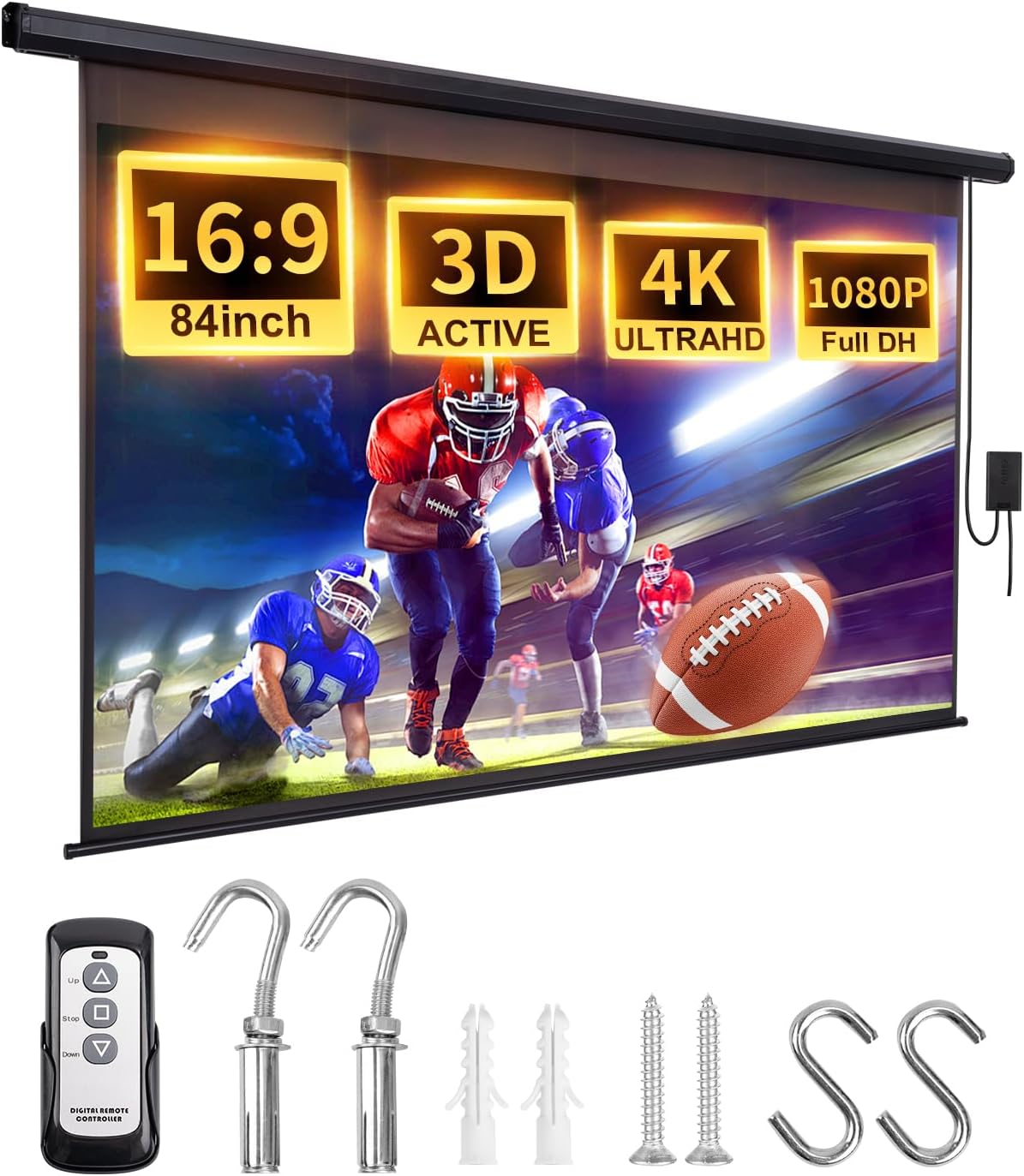 Projector Screen Motorized Pull Down 84 Inch 16:9 Electric Projector Screen with Remote, Automatic Projector Screens Wall Ceiling Mount Small Movie Screens for Projectors Outdoor Indoor Black