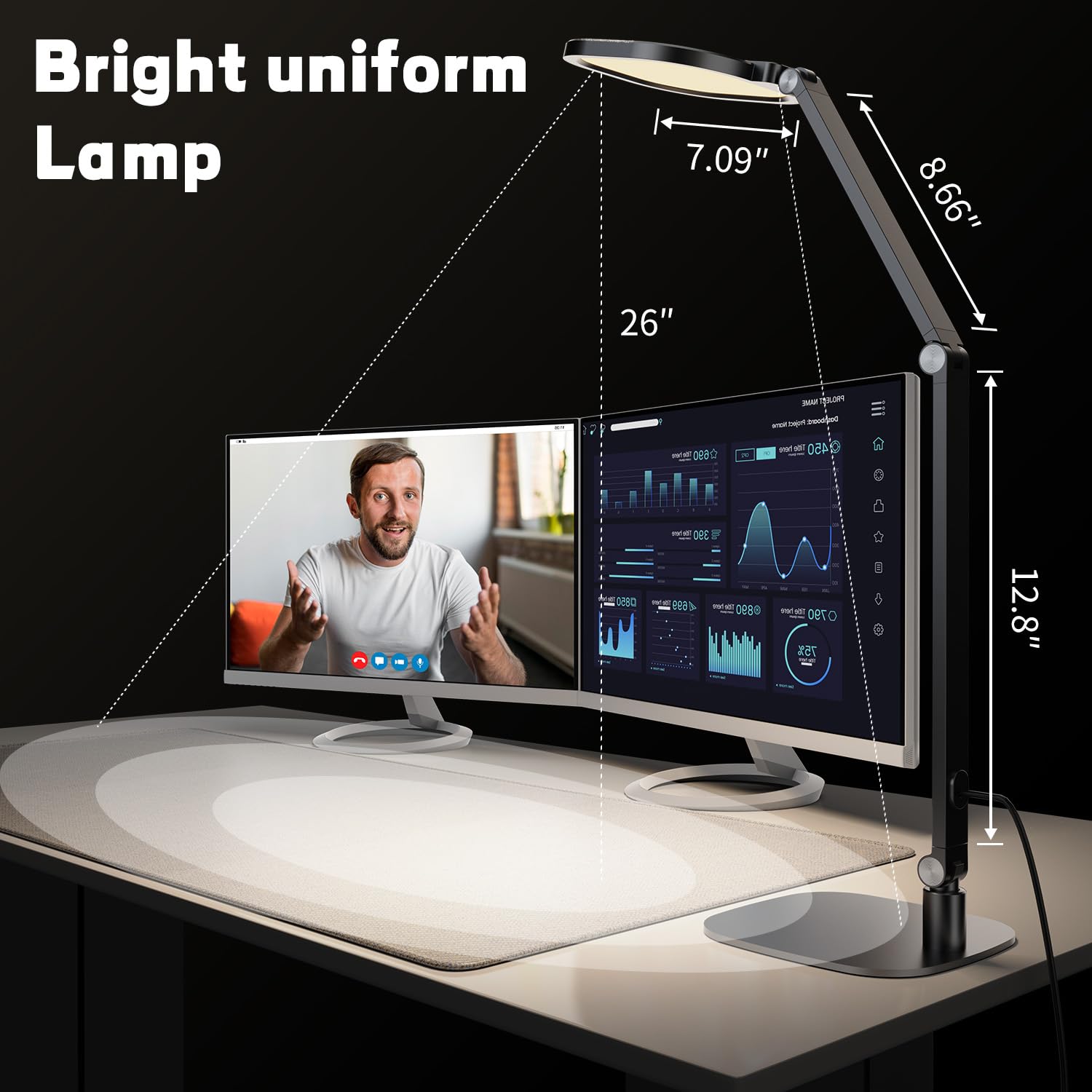 Eye-Caring LED Desk Lamp with Metal Swing Arm, Dimmable Office Light with 3 Color Modes & Timer