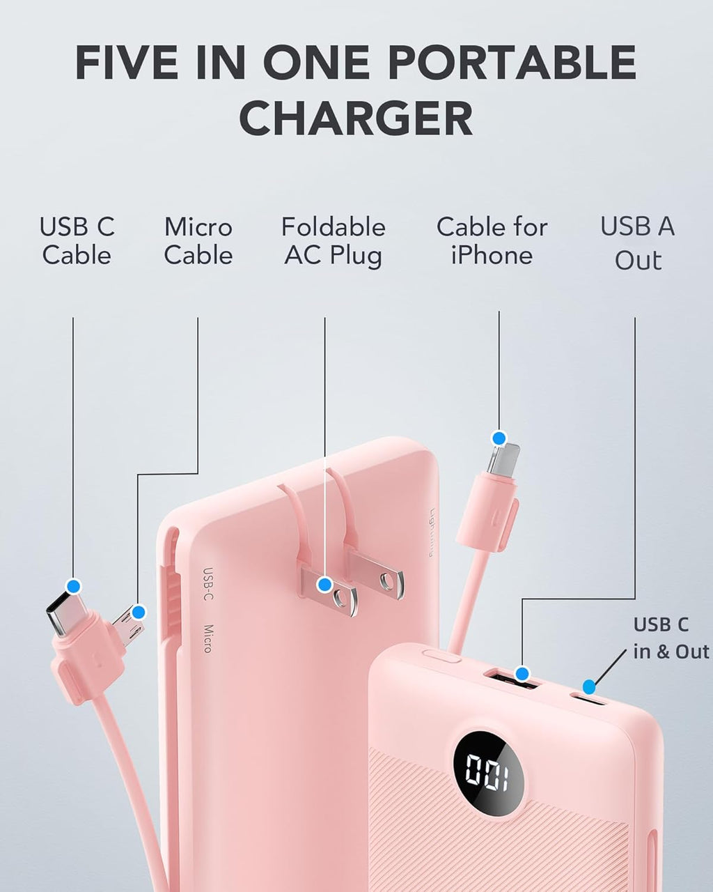 VRURC Portable Charger Built-in Cables and AC Wall Plug, USB C Power Bank 10000mAh, Travel Essentials Phone Charger Compact Lightweight External Battery Pack for Smart Phones, Tablets etc-Pink