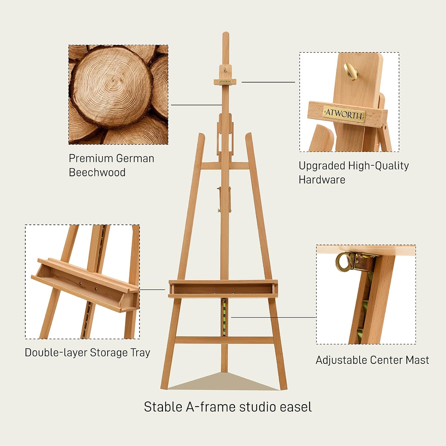 Studio Art Easel,Solid Beech Wood Artist Easel,Hold Canvas up to 48”, Adjustable A-Frame Lyre Style Painting Easel Stand with Storage Tray, Natural