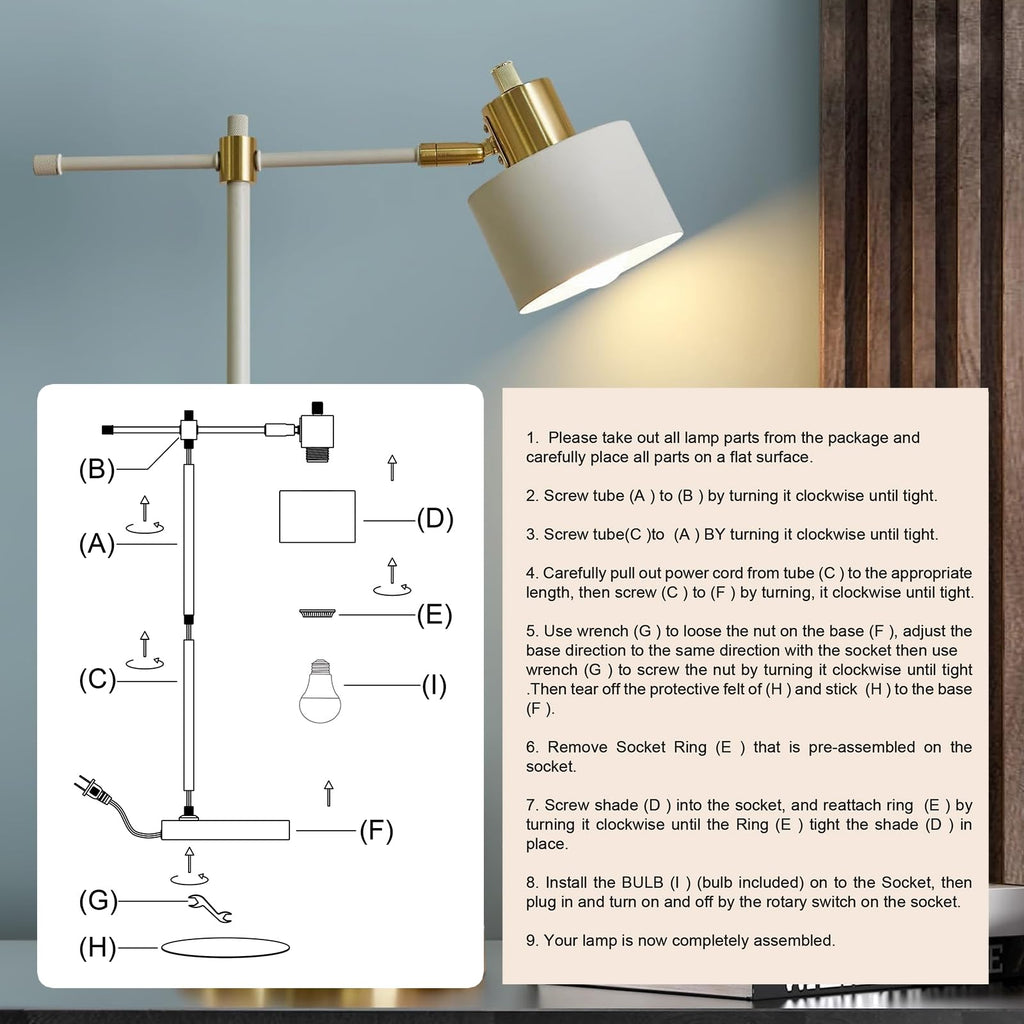Modern Industrial Metal Desk Lamp - 22.2" LED Table Light for Office, Bedroom & Living Room (Gold & Matte Cream Accent, Bulb Included)