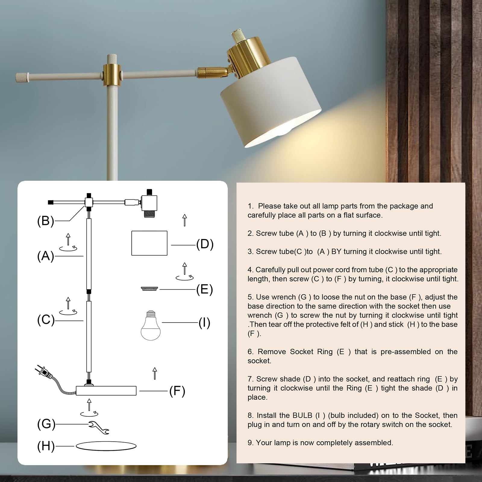 Modern Industrial Metal Desk Lamp - 22.2" LED Table Light for Office, Bedroom & Living Room (Gold & Matte Cream Accent, Bulb Included)