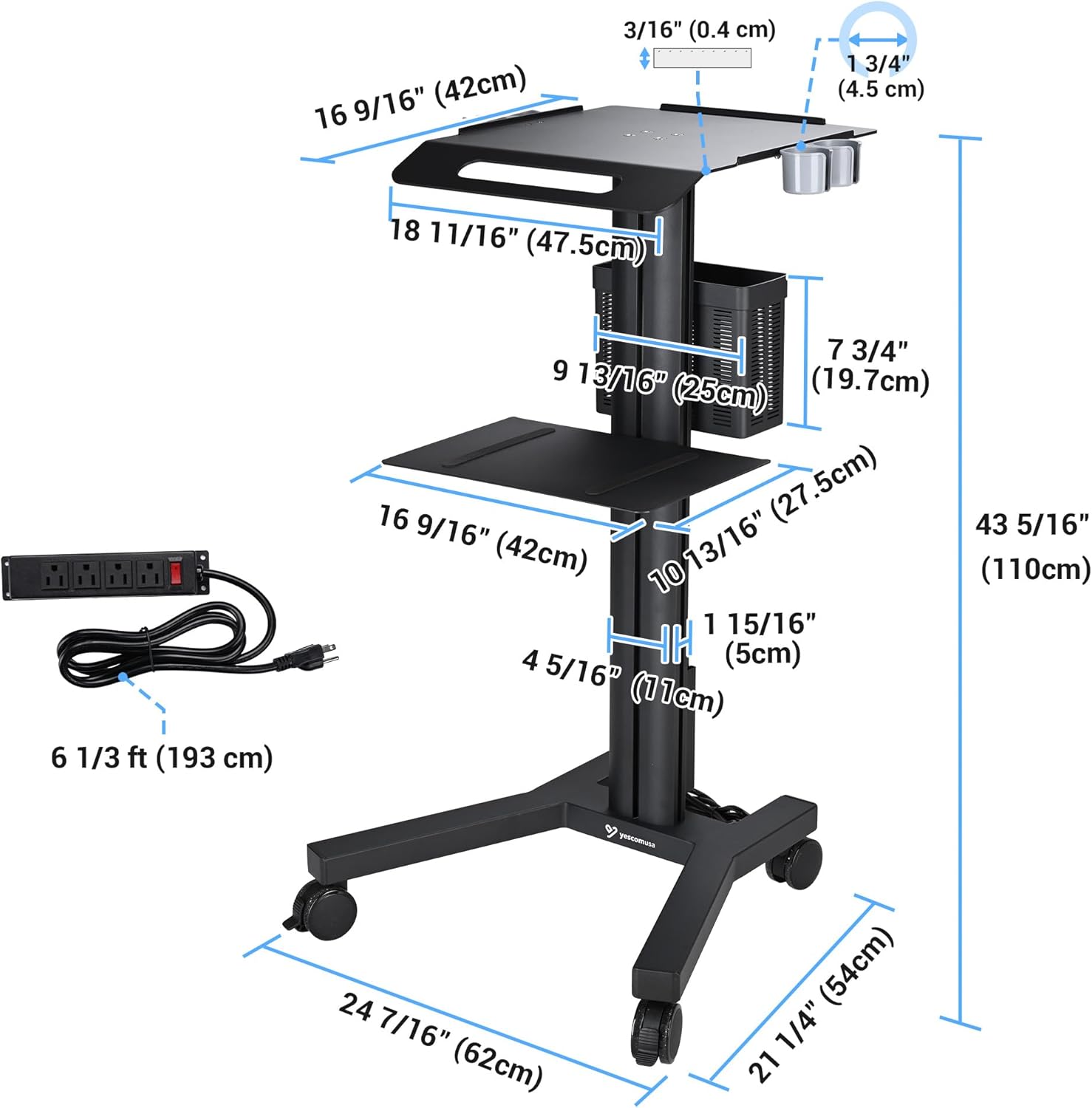 AW Mobile Laptop Cart Medical Rolling PC Stand Computer Workstation on Wheels with Handle 220 Lbs Capacity CPU Printer Power Strip Holder for Lap School Office Salon Spa Dental