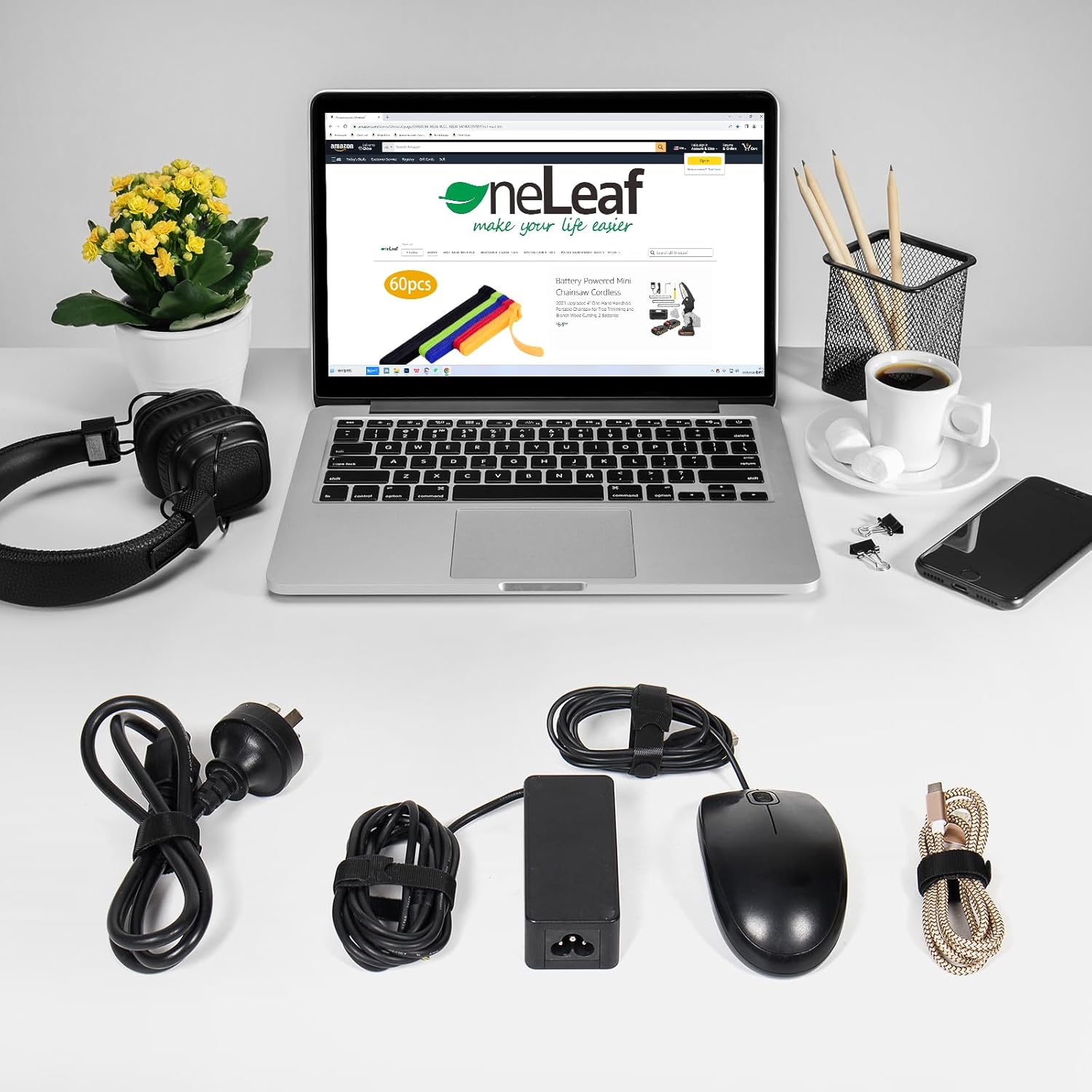 OneLeaf 80PCS Reusable Cable Ties, Black Adjustable 6-Inch Cord Organizer Ties, Multi-purpose Hook Loop Cable Management Wire Ties for Organizing Home, Office, Data Centers