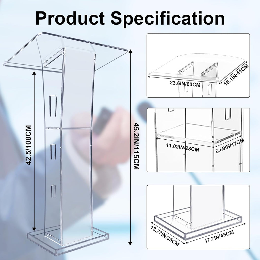 Acrylic Podium Stand, Ultra Clear 43'' Pulpits for Churches with 15 Color Adjustable, Modern Lectern with Storage Sheld for Church,Conference,Speech,Classroom, 23.62”x 15.75”X 43.3”