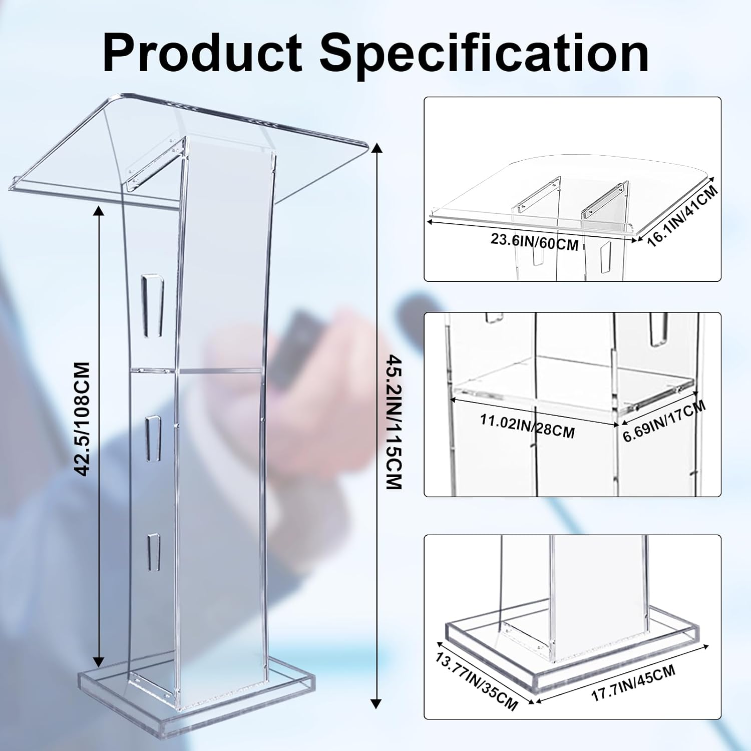 Acrylic Podium Stand, Ultra Clear 43'' Pulpits for Churches with 15 Color Adjustable, Modern Lectern with Storage Sheld for Church,Conference,Speech,Classroom, 23.62”x 15.75”X 43.3”
