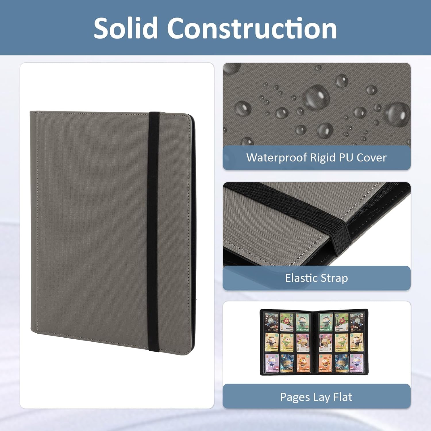 Trading Card Binder 9 Pocket, Fvxldcz PU Cover Card Collection Binder 540 Cards Sleek Side-Loading Card Album, Sturdy Card Collection Folder for TCG, MTG, Yugioh, Sport Cards (Gray-2)