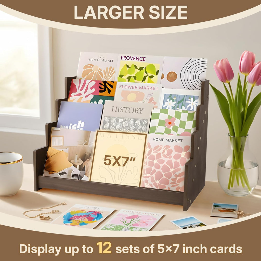 4 Tier Wooden Greeting Card Display Stand, Sticker Organizer Rack, Retail Photos Shelf for Vendors Craft Collection, Retail Stores, Postcards, Jewelry, Snacks, Brown