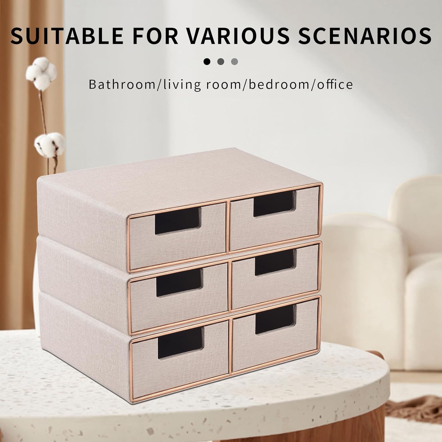 Linen Leather Desk Organizer with Drawers－Mini Desktop Drawer Organizer Stackable－Multifunctional Tabletop Organization Storage Box for Office Supplies Home Vanity Toiletries (Beige, 2-drawers)