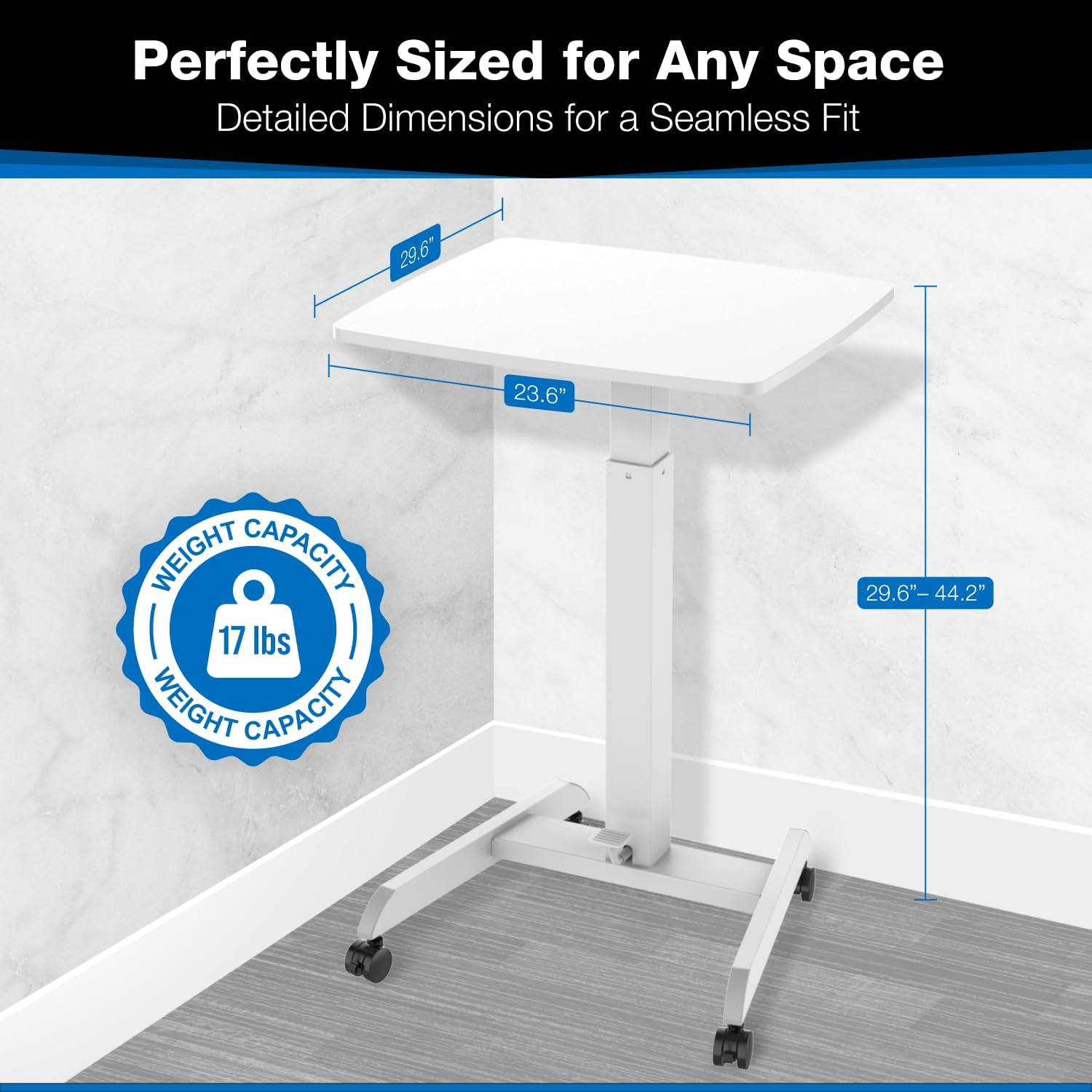 Mount-It! Rolling Laptop Desk Adjustable Height (29.6”-44.2”), Mobile Workstation Cart with 23.6” x 20.5” Desktop, Small Sit-Stand Desk for Home, Office, or Classroom in White