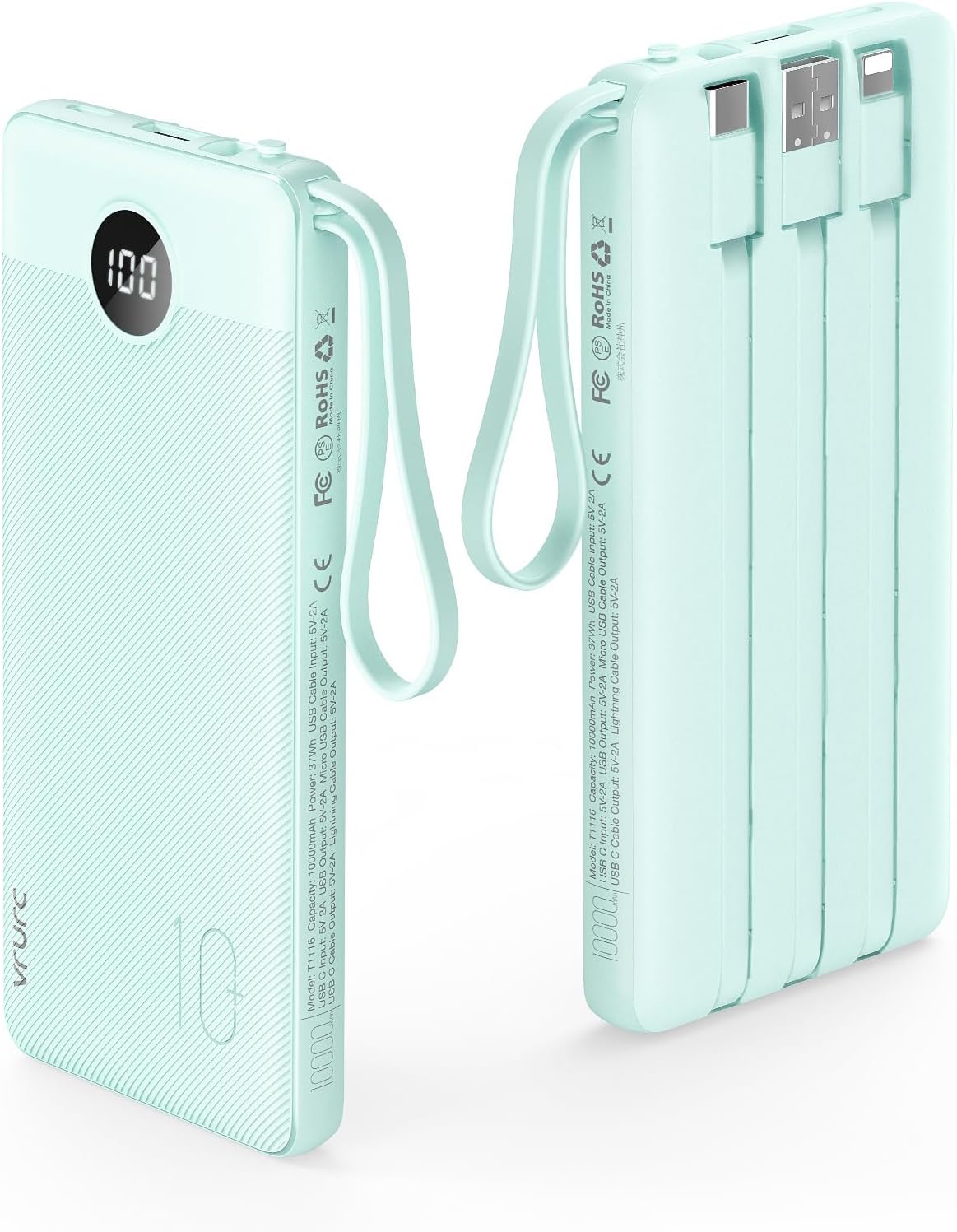 VRURC Portable Charger Power Bank, 10000mAh Travel Essentials Battery Pack, 5 Outputs 2 Inputs Slim Charging Bank Built-in Cables Cords Wires Compatible with iPhone,Samsung,Android-Green(1 Pack)