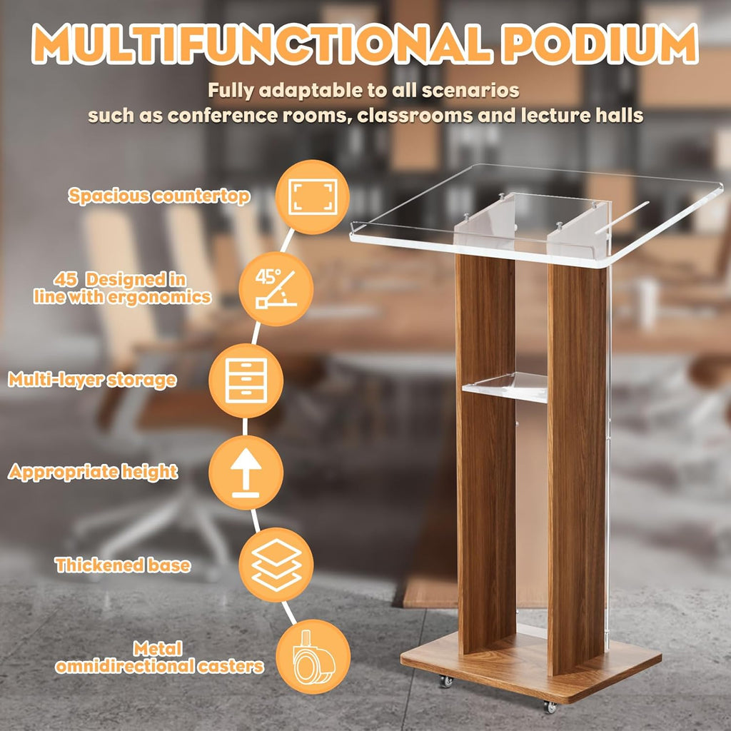 Acrylic Podium Stand, Ultra Clear 43'' Pulpits for Churches with 15 Color Adjustable, Modern Lectern with Storage Sheld for Church,Conference,Speech, 23.62”x 15.75”X 43.3” (Style 3)
