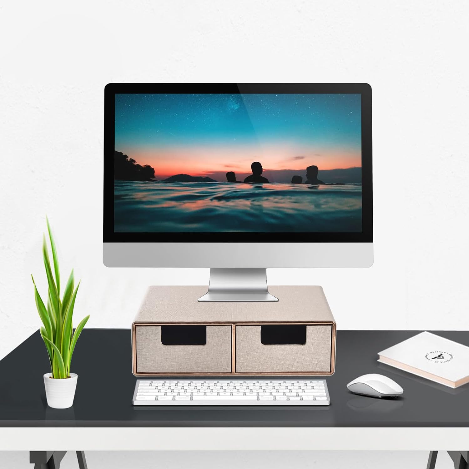 Linen Leather Desk Organizer with Drawers－Mini Desktop Drawer Organizer Stackable－Multifunctional Tabletop Organization Storage Box for Office Supplies Home Vanity Toiletries (Beige, 2-drawers)