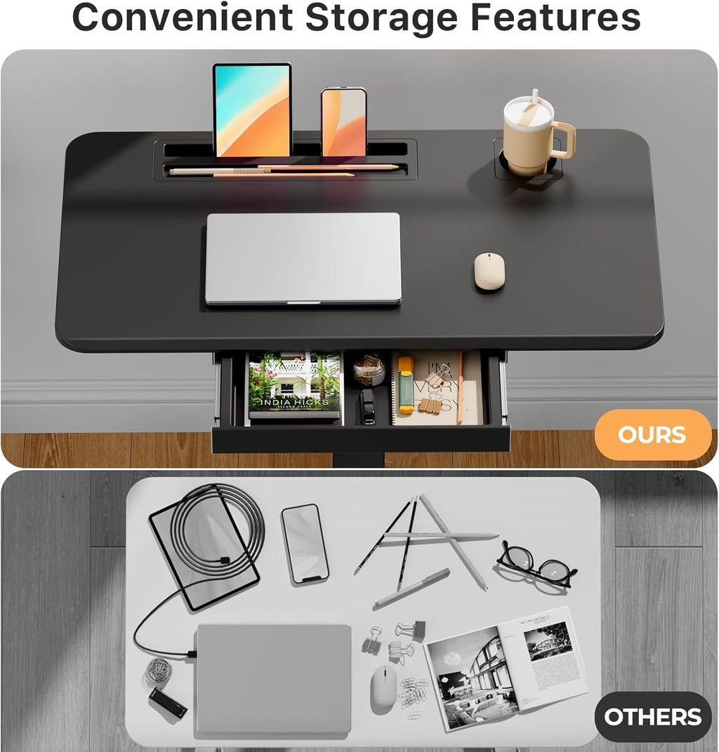 Mobile Standing Desk with Drawer, 35" Small Standing Desk with Cup Holder, Rolling Laptop Cart on Wheels, Height Adjustable Table with Storage for Home Office, Black