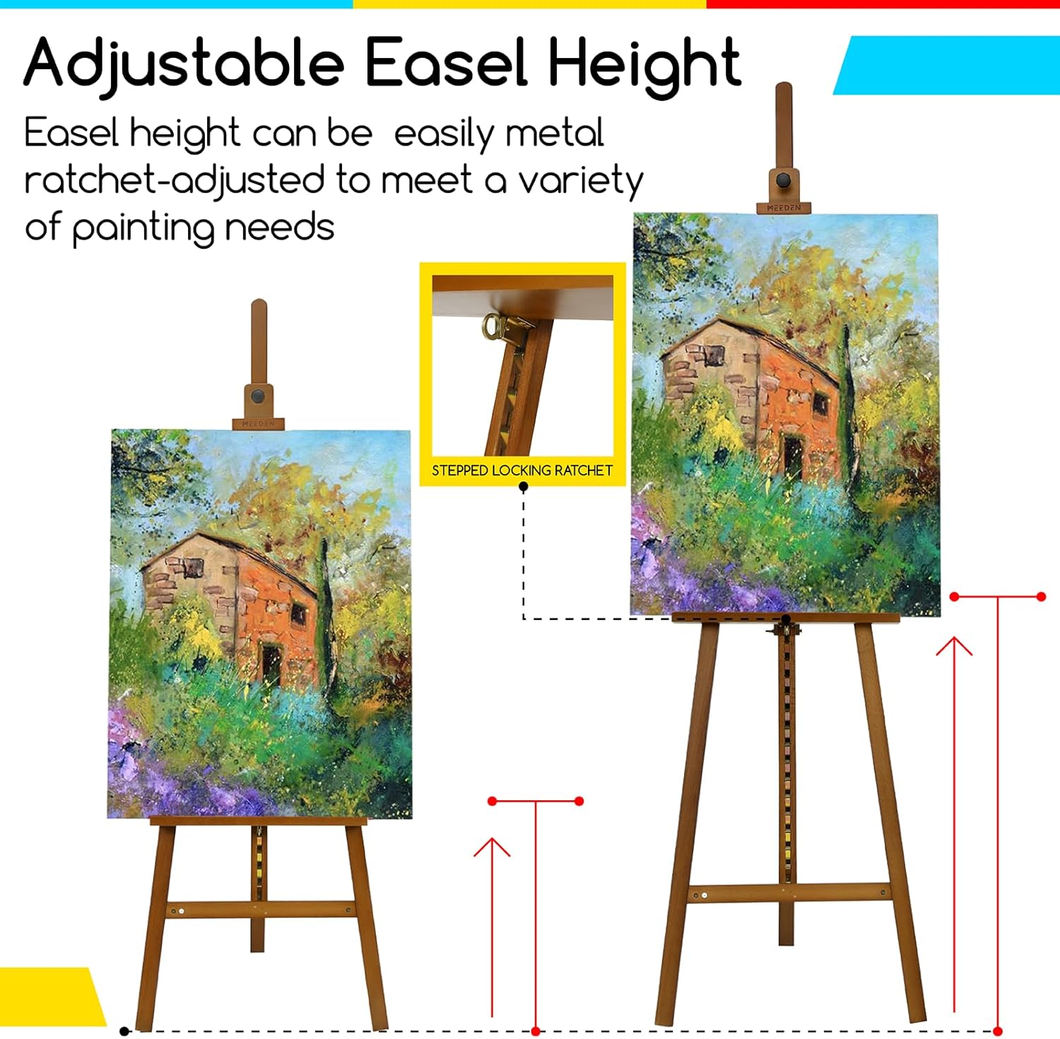 MEEDEN Painting Wooden Art Easel: Solid Beechwood Display Easel Stand Hold Canvas up to 43'' - Adjustable Easel from 57''-76" for Adults Student Studio Gallery - Walnut