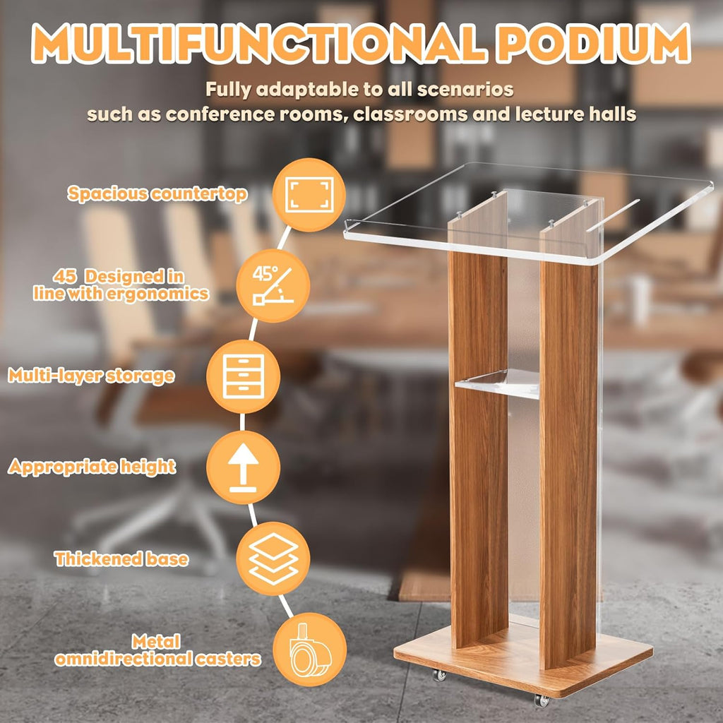 Acrylic Podium Stand, Ultra Clear 43'' Pulpits for Churches with 15 Color Adjustable, Modern Lectern with Storage Sheld for Church,Conference,Speech, 23.62”x 15.75”X 43.3” (Style 4)