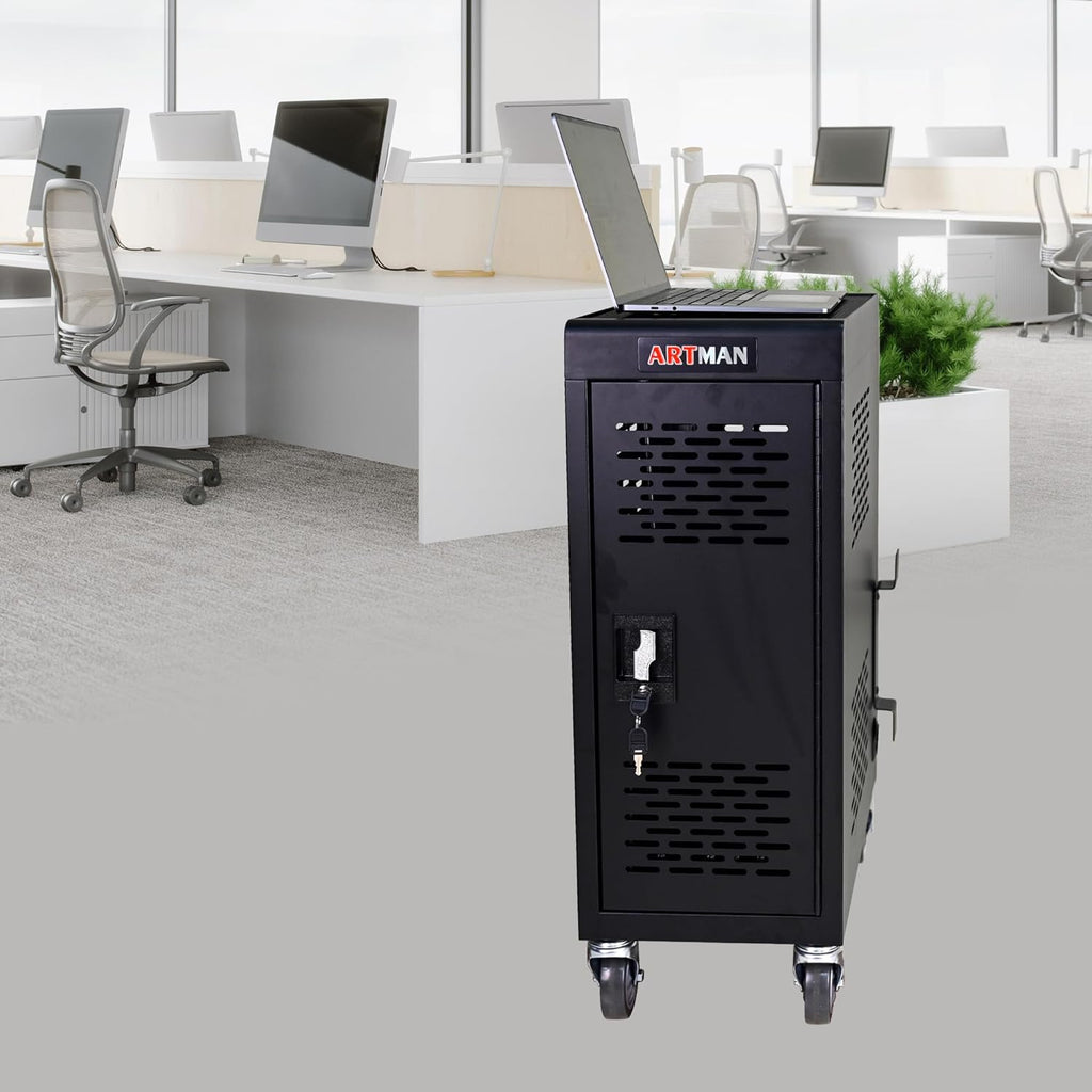 16 Device Charging Cart, Laptop and Tablet Storage Cart, Holds Up to 14" with Cord Management, Front and Rear Access Locking, Desktop Charging and Storage Cabinet for Classroom or Office.Black
